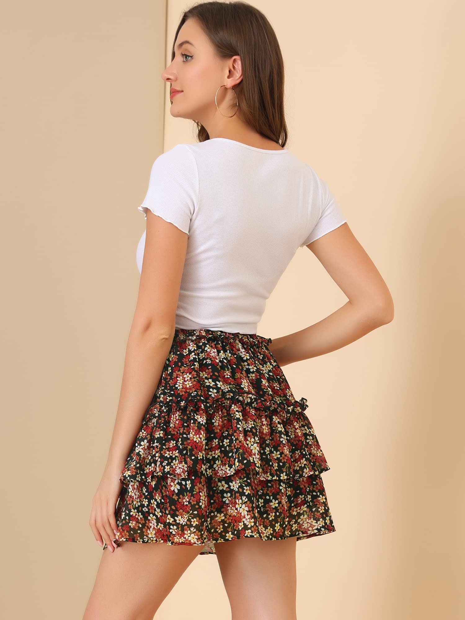 Allegra K Mini jupe patineuse à volants pour femme avec taille élastique, noir, Taille S