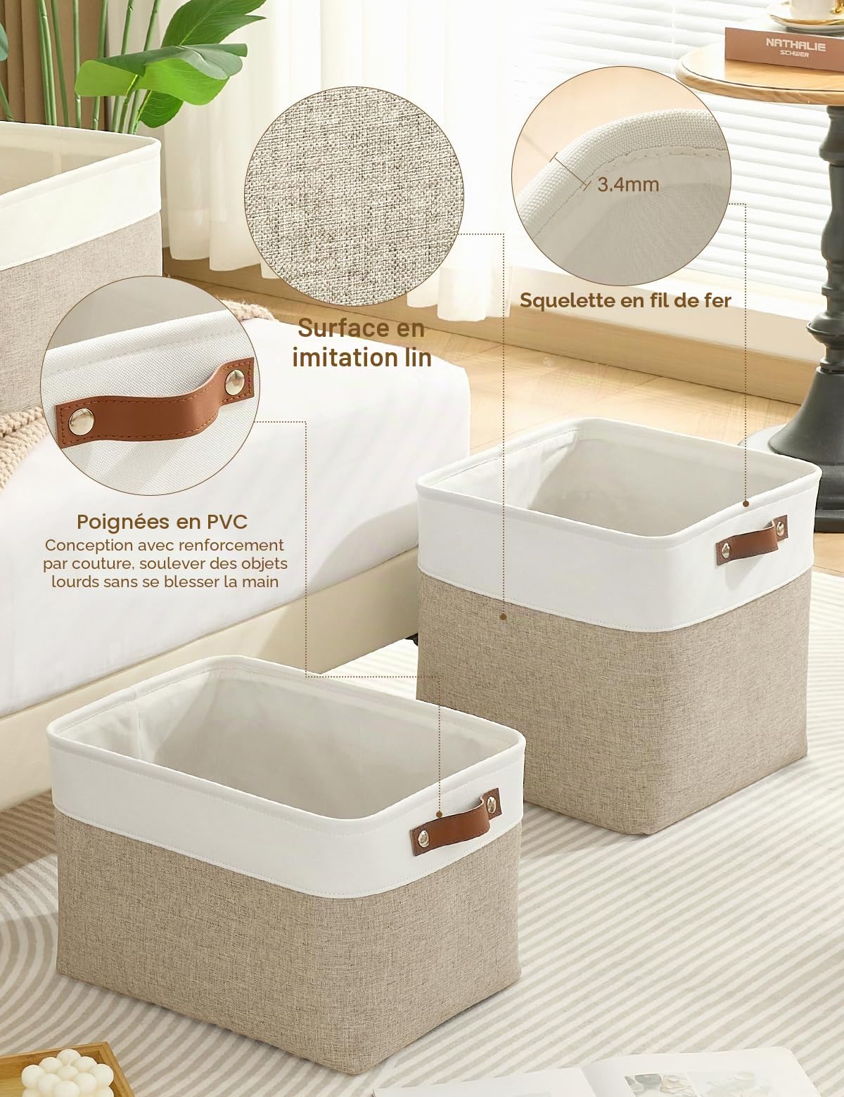 Bagnizer Lot de 4 cubes de rangement pliables en tissu pour étagères et armoire (33 cm) – Paniers organisateurs avec poignées, boîte en toile imperméable pour vêtements Beige & Blanc