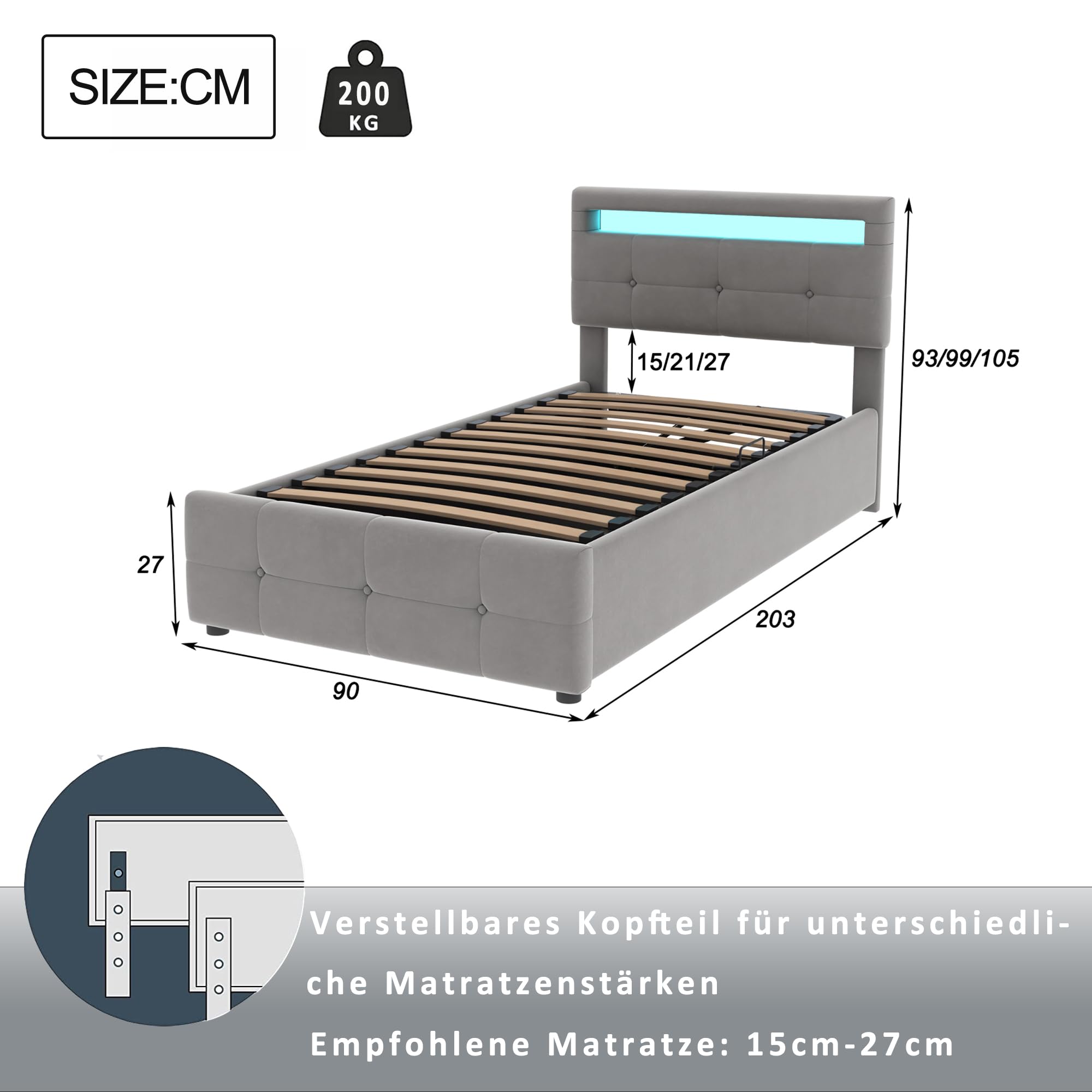 Gegtuon Letto Imbottito 90x200 cm con Illuminazione LED per Bambini, Letto Singolo con Idraulico Contenitore e Testata, Struttura Letto con Rete a Doghe per Ragazzi, senza Materasso, Velluto (Grigio)