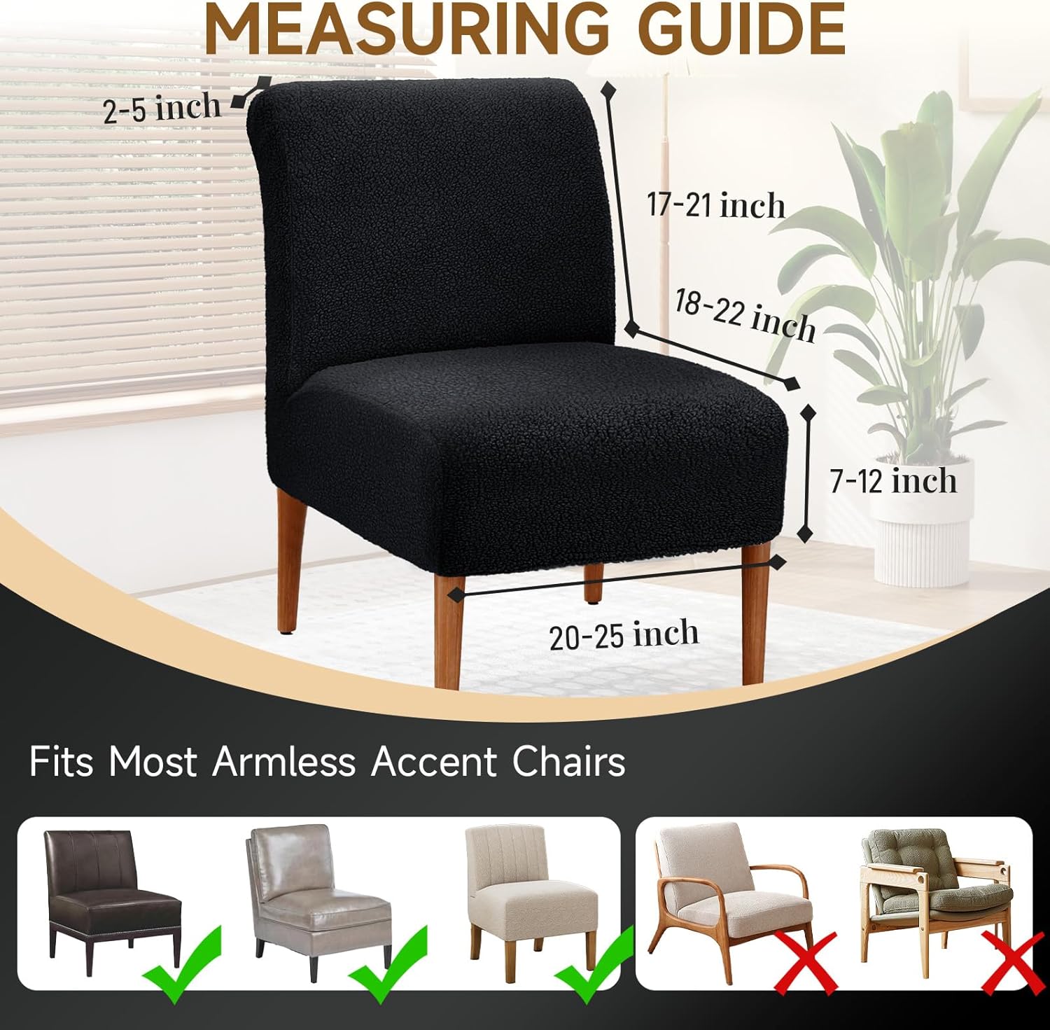 Teddy Wool Armless Accent Chair Cover Heavy-duty Soft Plush Armless Chair Slipcover Accent Chairs Covers without Arms Warm Fuzzy Slipper Chairs Slipcover for Living Room/Bedroom/Hotel Décor (Black, 1)