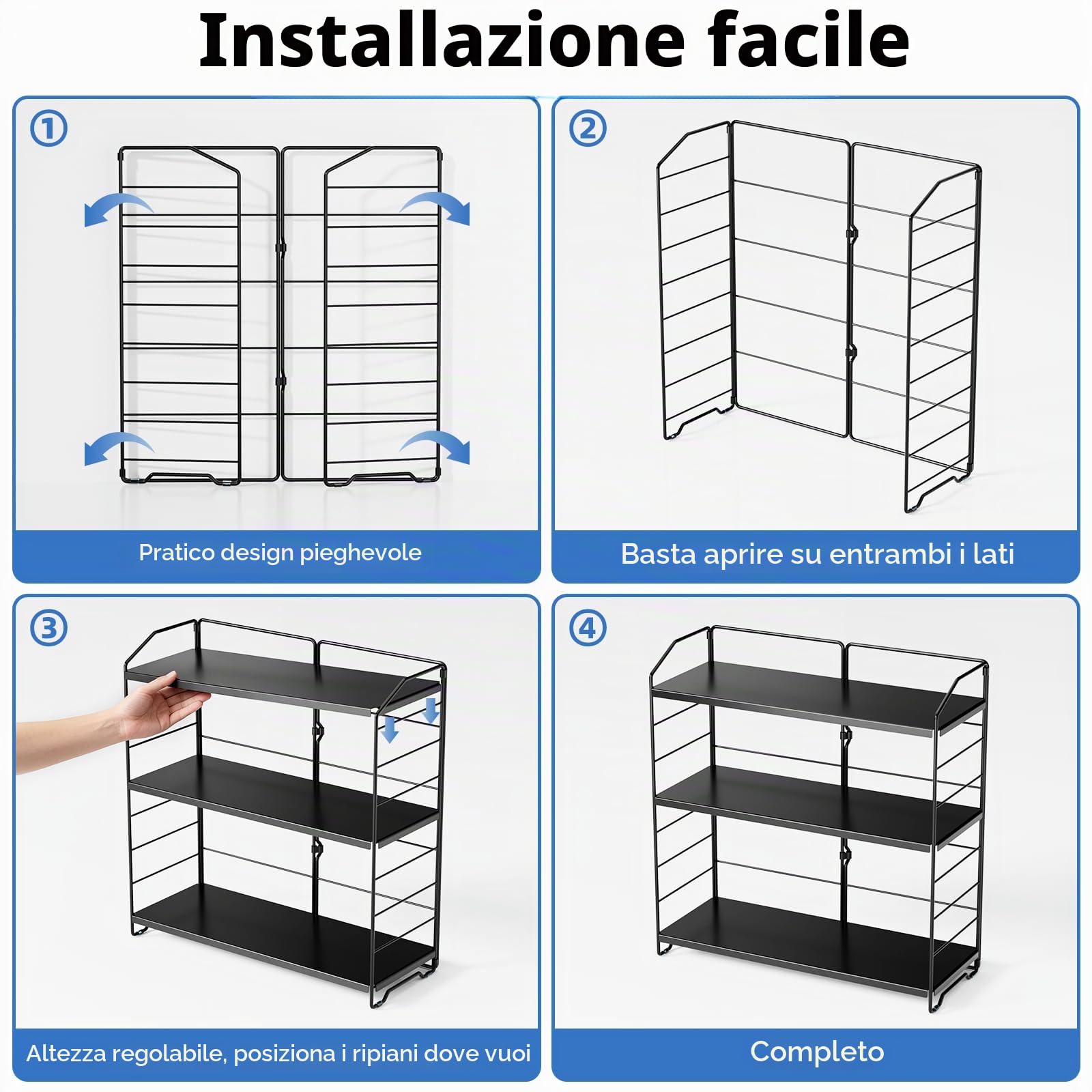 Porta Spezie a 3 Ripianii, Porta Spezie Per Cucina, Nero | Scaffale da Cucina a 3 Ripiani, Design regolabile in altezza, Metallo di alta qualità, per Cucina, Sala da Pranzo, Ufficio