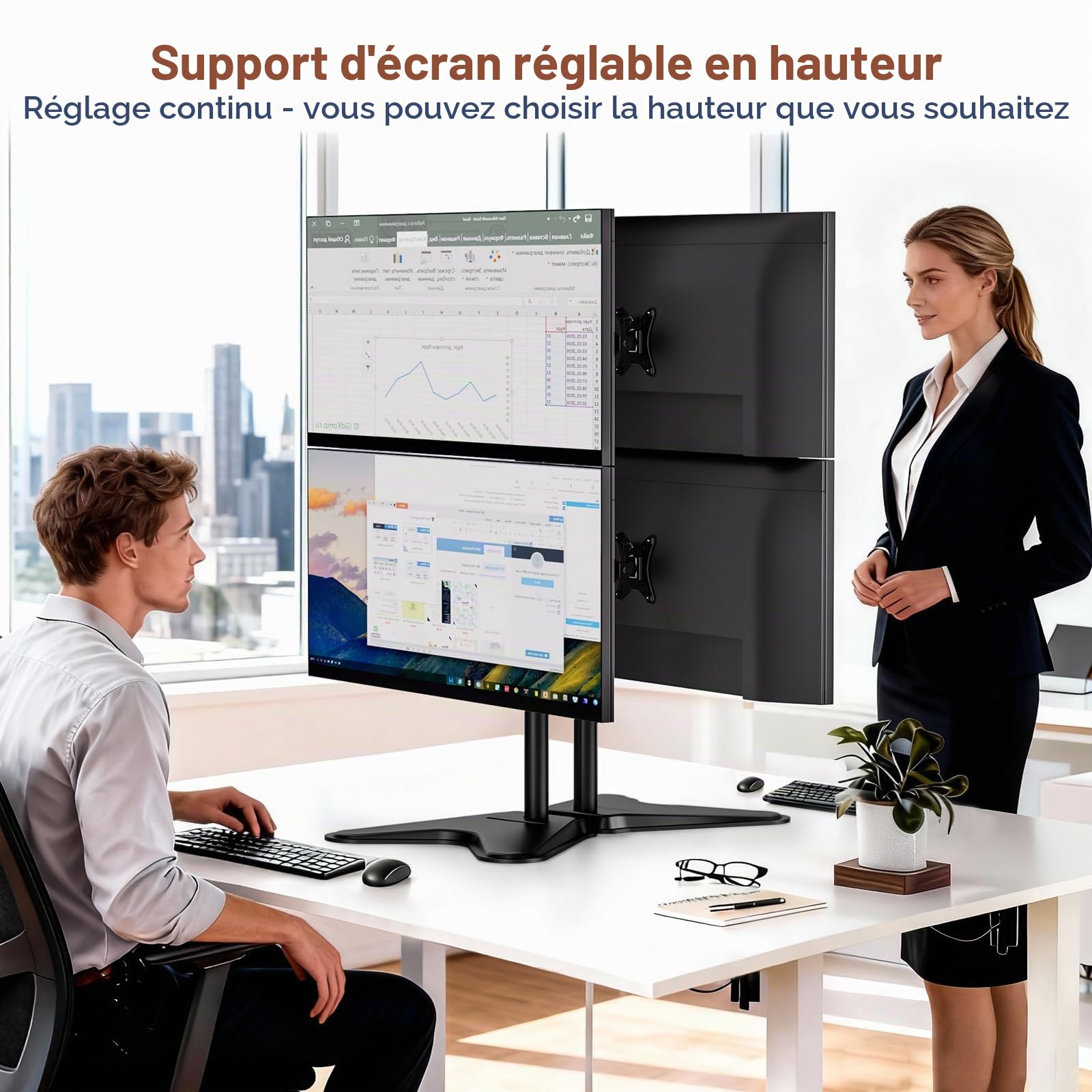 PUTORSEN Support Double Ecran PC, Support de Bureau autoportant Double écran pour Écrans 13-34 Pouces(Hauteur 81.5cm), Charge Max 9kg, VESA 75x75/100x100 mm