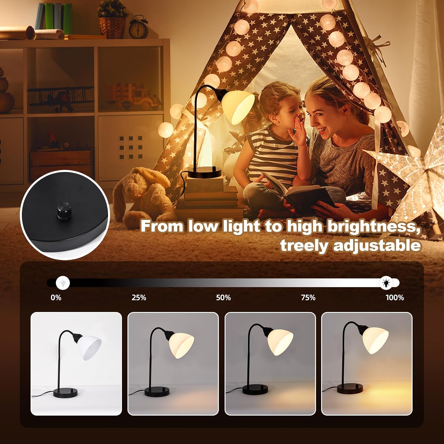 Desk Lamps, Table Lamps for Bedrooms with 2 USB Port, Stepless Dimmable Bedside Lamps, Adjustable Lamp for Living Room, Small Lamps for Office Reading, Nightstand Lamps with 5W LED Bulb