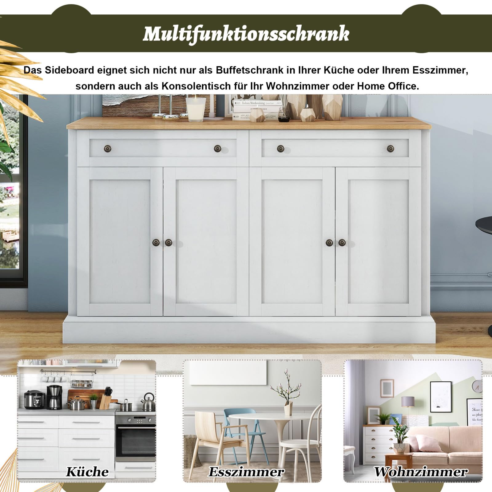 Buffet de rangement moderne de 150 cm, avec 4 portes et 2 tiroirs, armoire de rangement en bois pour salle à manger, salon et cuisine, entrée (blanc antique + bois)