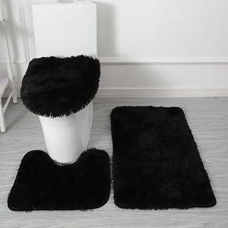 Eanpet 3-Piece Black Bathroom Rug Set - Washable Non-Slip Bath Mat, U-Shaped Shower Rug & Toilet Lid Cover, Absorbent Chenille