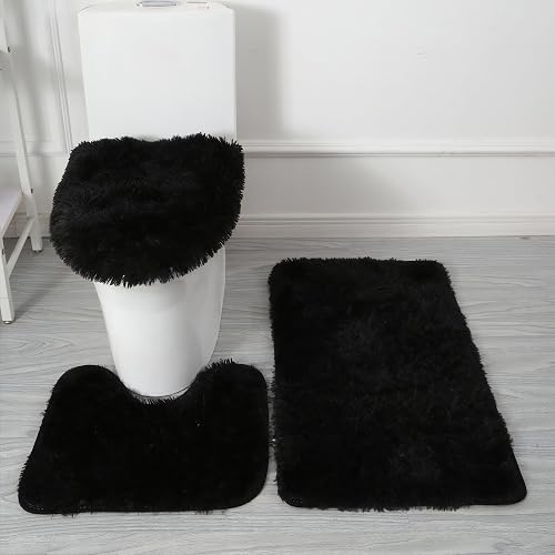 Black Bathroom Rugs Sets 3Piece Bath Mat Solid Bath Rug