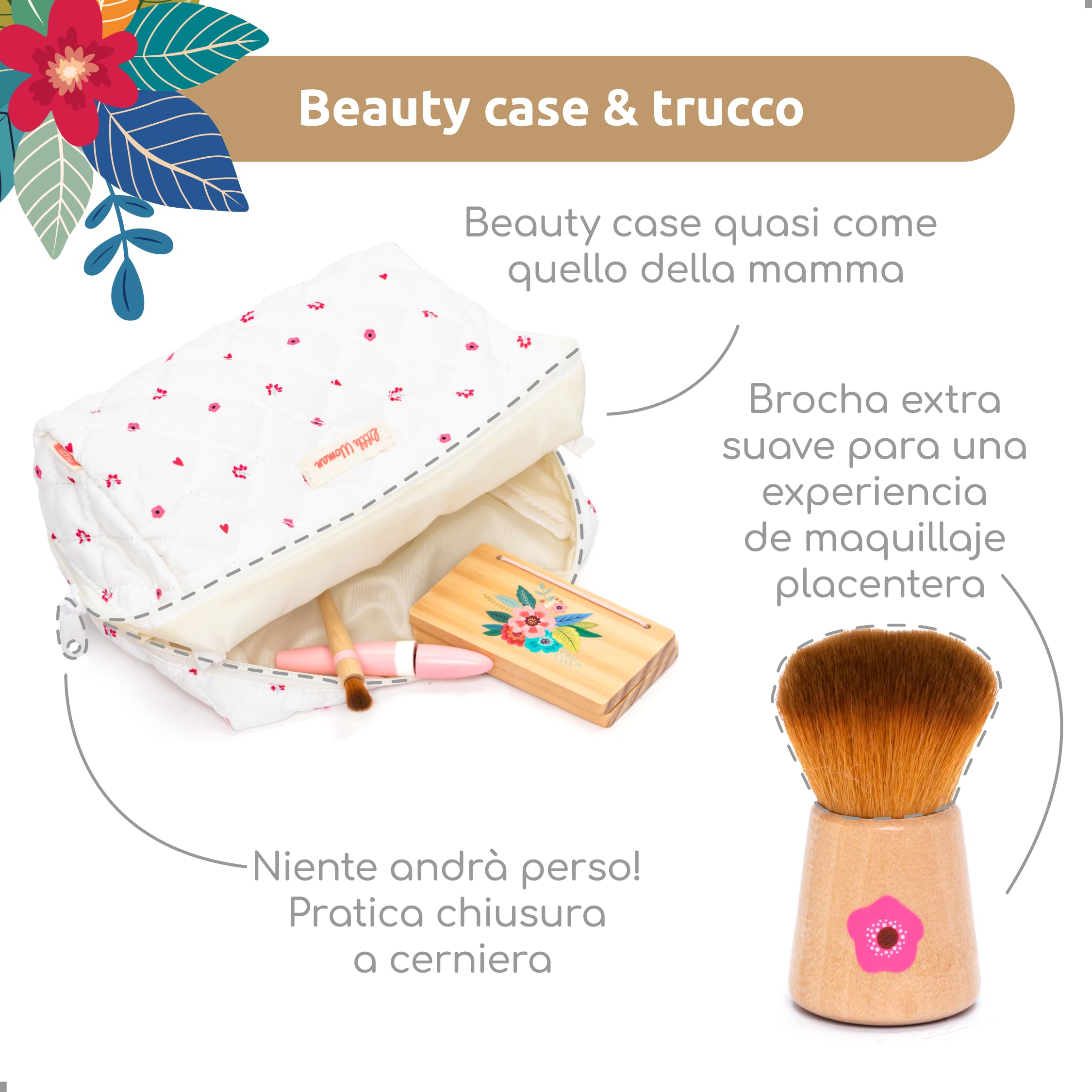 UMU Set trucco per bambini in legno – cosmetici e trucco set con trucco, rossetto, profumo, cipria e trousse – trucco per bambini da 3 4 5 6 anni