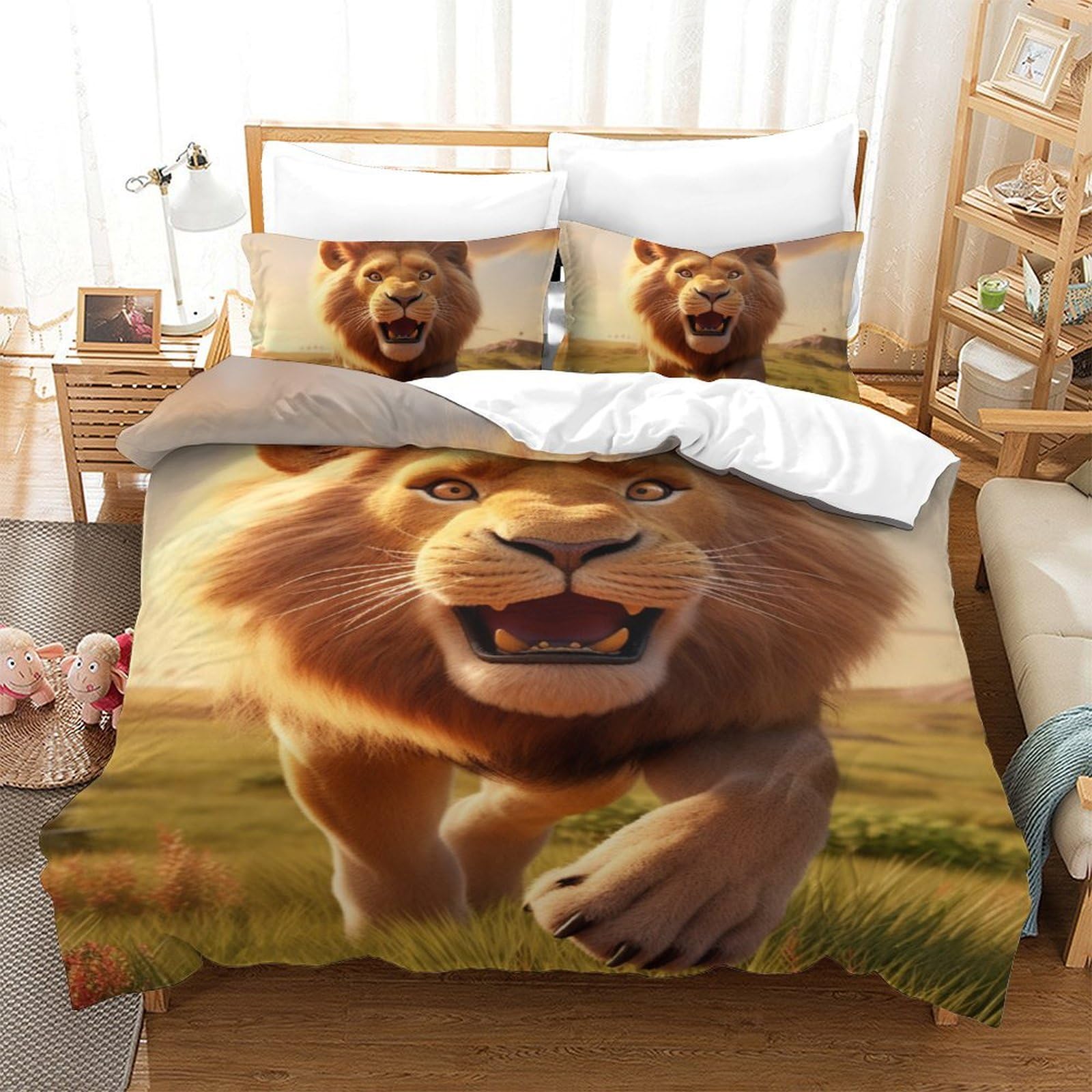 Housses de couette Lion 140x200 cm avec 2 taies d'oreiller pour lit simple enfant