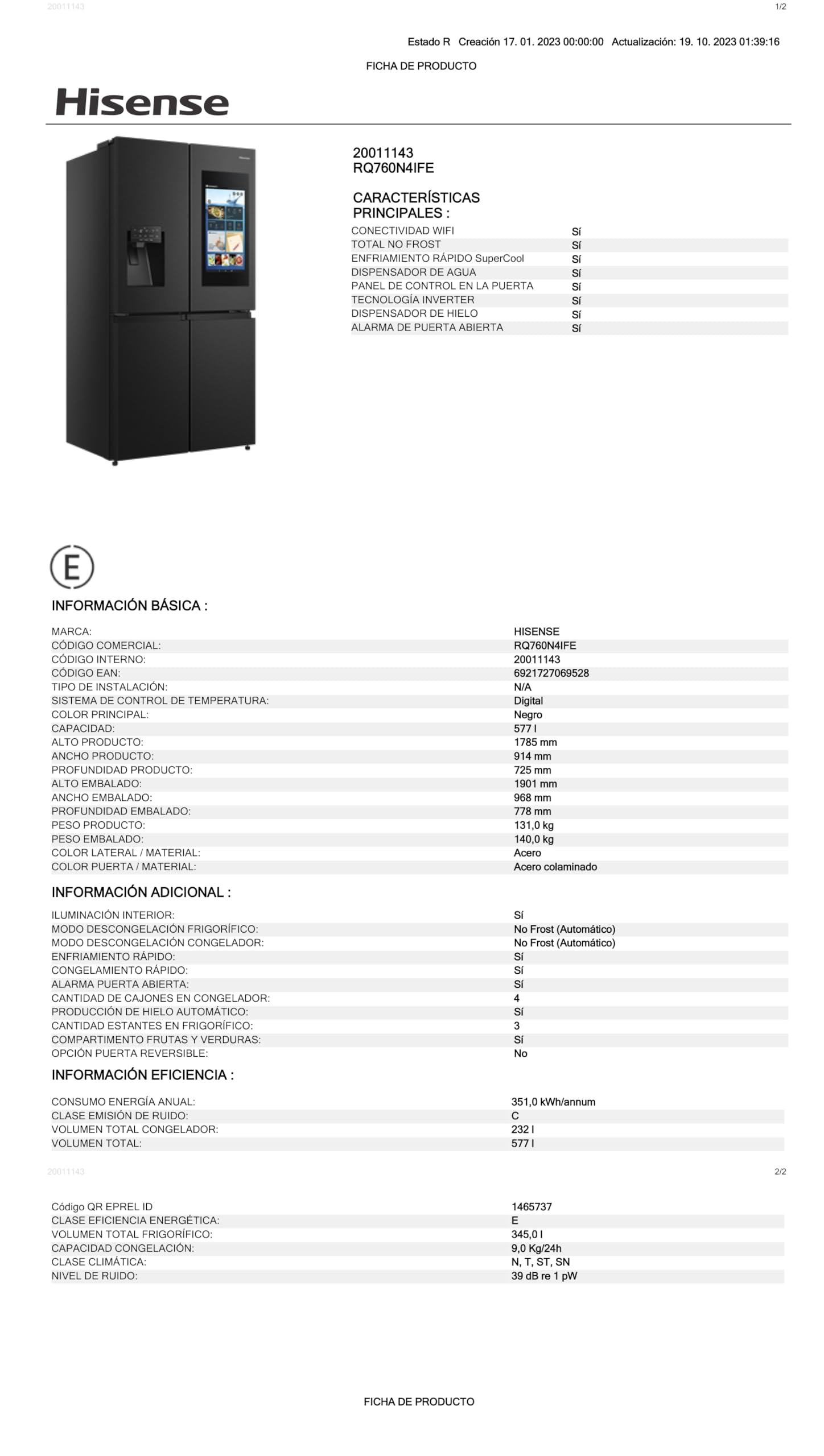 Hisense RQ760N4IFE Cross Door Puerta Americana con dispensador, Total NoFrost, Smart Connectivity con Pantalla & WiFi, MultiFlow,Metal Tech Cooling, E, Negro