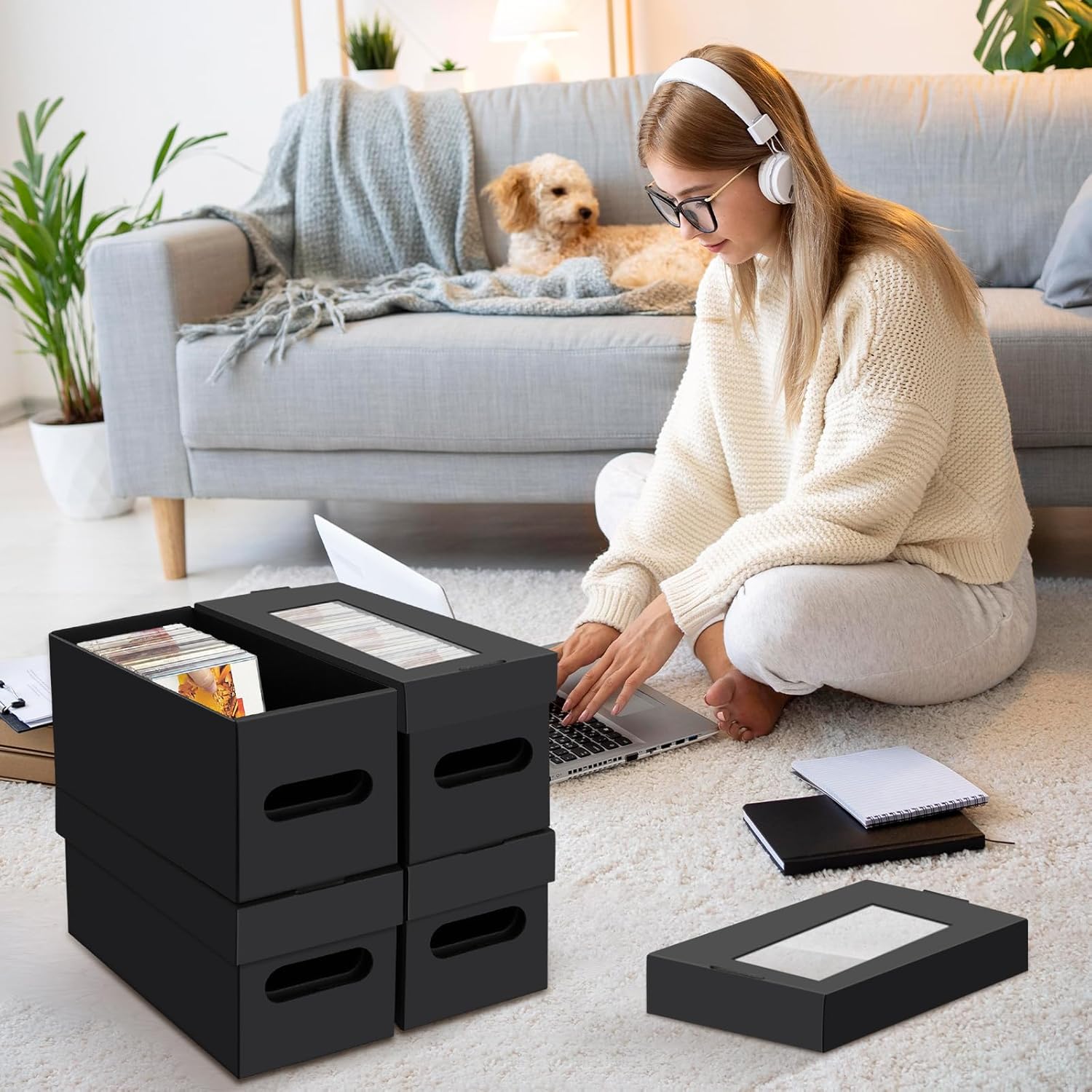 AOBOPLE CD Storage Boxes,4 Pack Cardboard CD Case Storage,CD Case Holder with Lid,Holds 30 CDs in Full Jewel Cases, 60 CDs in Slim Cases, and 165 Discs in CD Sleeves