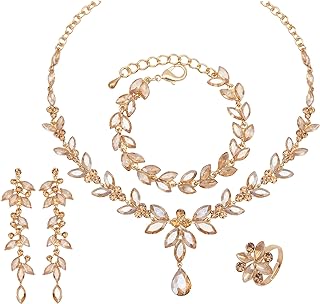 4 Pcs Elegant Bridal Jewelry Sets Austrian Marquise Crystal Wedding Necklace Dangle Earrings Tennis Bracelet Ring Set for Bride Women Costume Accessories