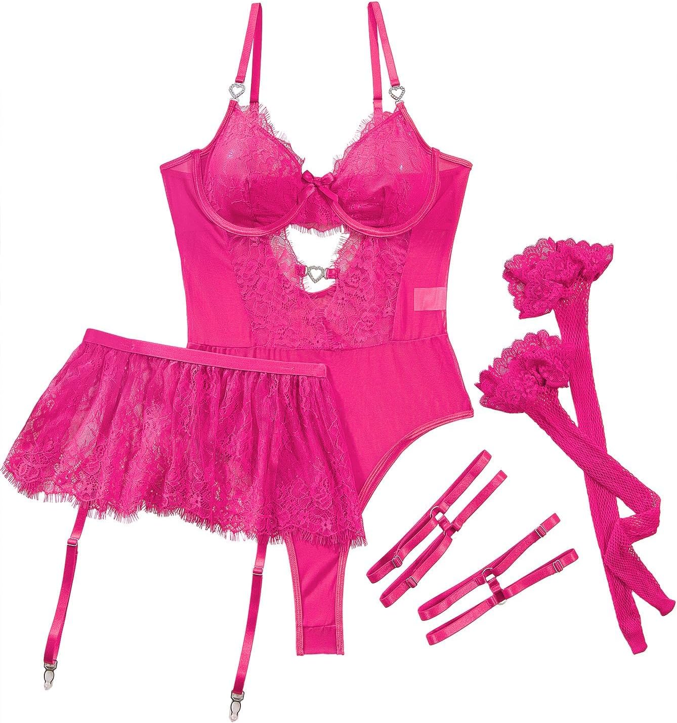 Lilosy Sexy Stocking Rhinestones Heart Garter Underwire Floral Mesh lace Sheer Babydoll Lingerie Teddy Bodysuit Skirt Set - Image 4