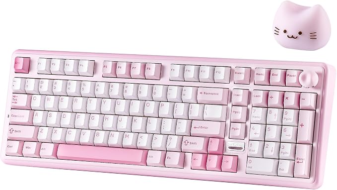 YUNZII B98 Pro Teclado Mecánico Gaming Inalámbrico QMK/Via, Distribución 96% con Numpad y Perilla Gato 3D, BT/2.4G/USB-C, Gasket, Hot-Swap, RGB para Win/Mac (Rosa, Candy Switch)