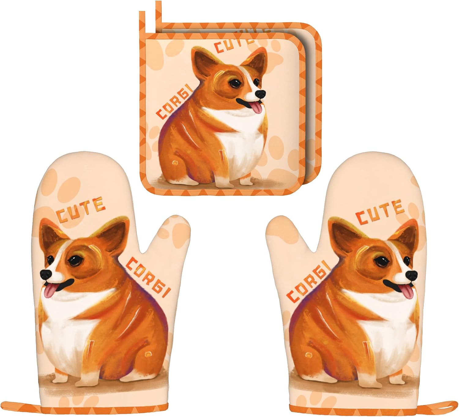Corgi Oven Mitts and Pot Holders 4 Piece Set Heat Resistant Corgi Oven Gloves Cotton Lining Waterproof Potholders Hot Pads with Non-Slip Silicone for Cooking Baking Kitchen Decoration