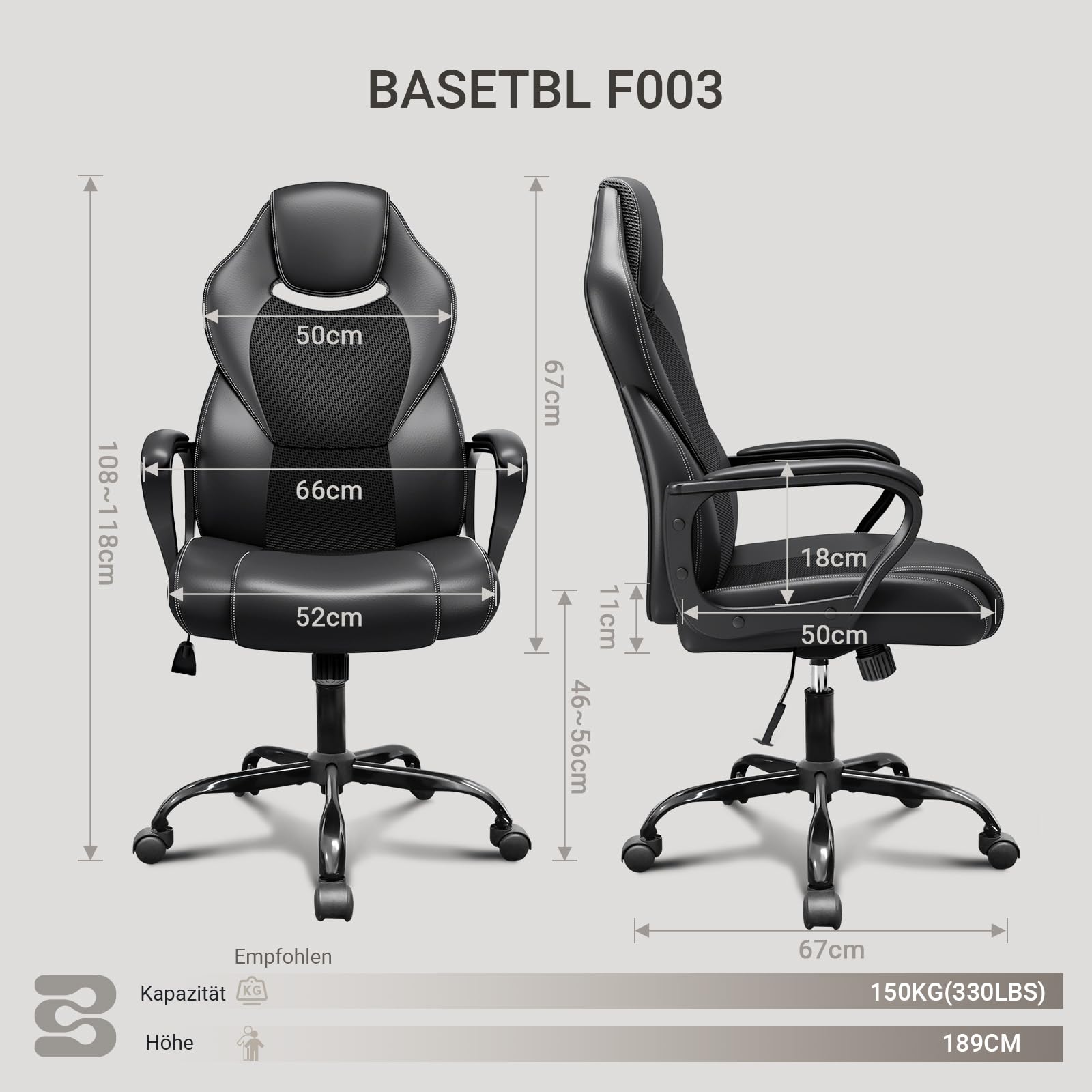 BASETBL Bürostuhl Chefsessel 150kg Schreibtischstuhl, Bürosessel Office Chair Gaming Stuhl, Bürostühle ergonomisch PU Leder, PC Stuhl Drehstuhl Hat weiche gepolsterte Armlehnen, Wippfunktion, schwarz