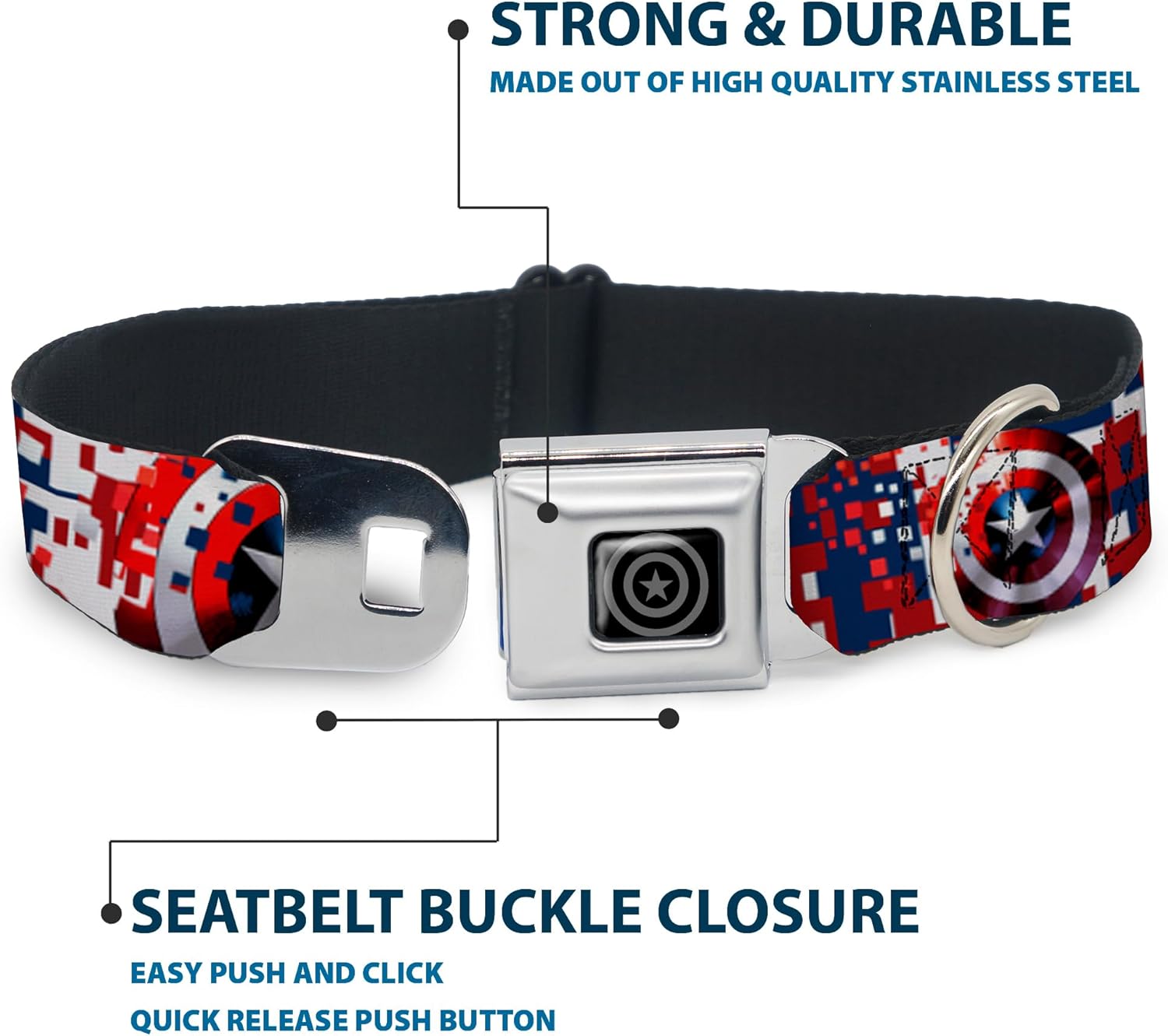 Dog Collar Seatbelt Buckle Captain America Shield Digital Camo Blue White Red 15 to 26 Inches 1.0 Inch Wide, DC-WCA041-L