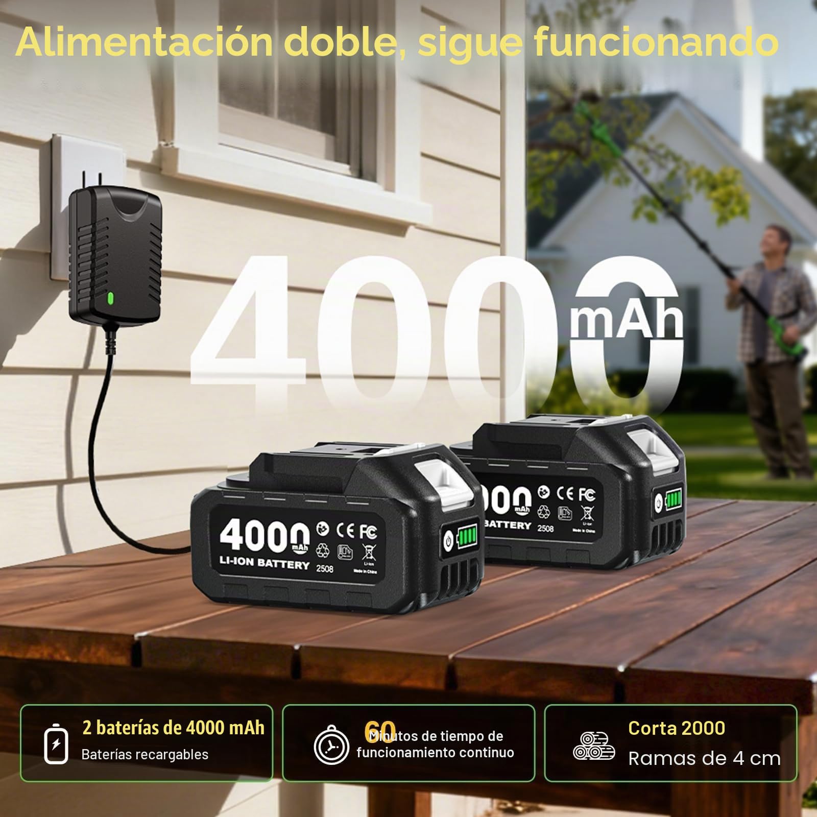 TaskStar Tijeras de Podar Eléctricas Inalámbricas 2 en 1: Diámetro de Corte 40mm Podadora de Poste Sin Escobillas – 2 Baterías de 4000mAh, Hoja SK5 de Repuesto, 4 Modos de Corte para Flores y Árboles