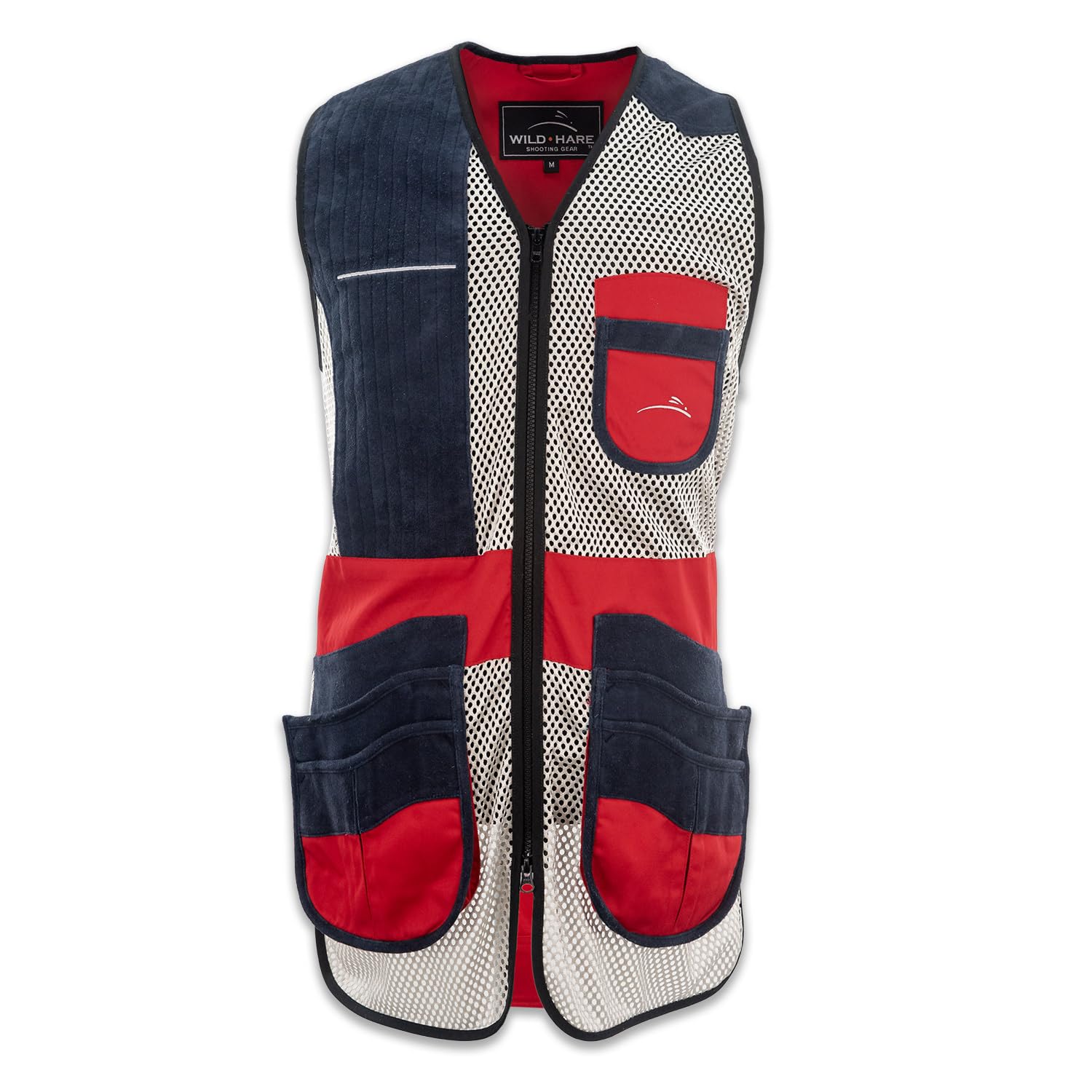 Wild Hare Shooting Gear Competition Sporting Vest, Suede Leather, Red/White/Blue (US, Alpha, 4X-Large, Regular, Regular, Right Handed, Red/White/Blue)