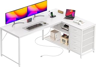 PRAISUN 53" Reversible L-Shaped Desk with Charging Station, USB-C, 4 Drawers & Adjustable Shelves - White Gaming Office Corner Desk