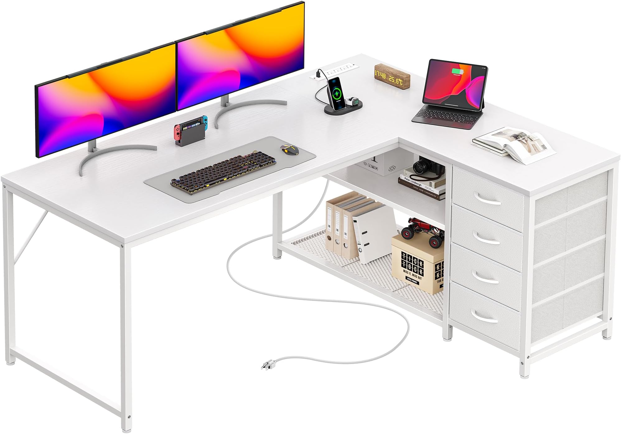 PRAISUN 53" L Shaped Desk with Power Outlets and USB-C Port, Reversible Computer Corner Office Desk with 4 Fabric Drawers and 2 Height-Adjustable Shelves, Large for Gaming Writing Work Study, White