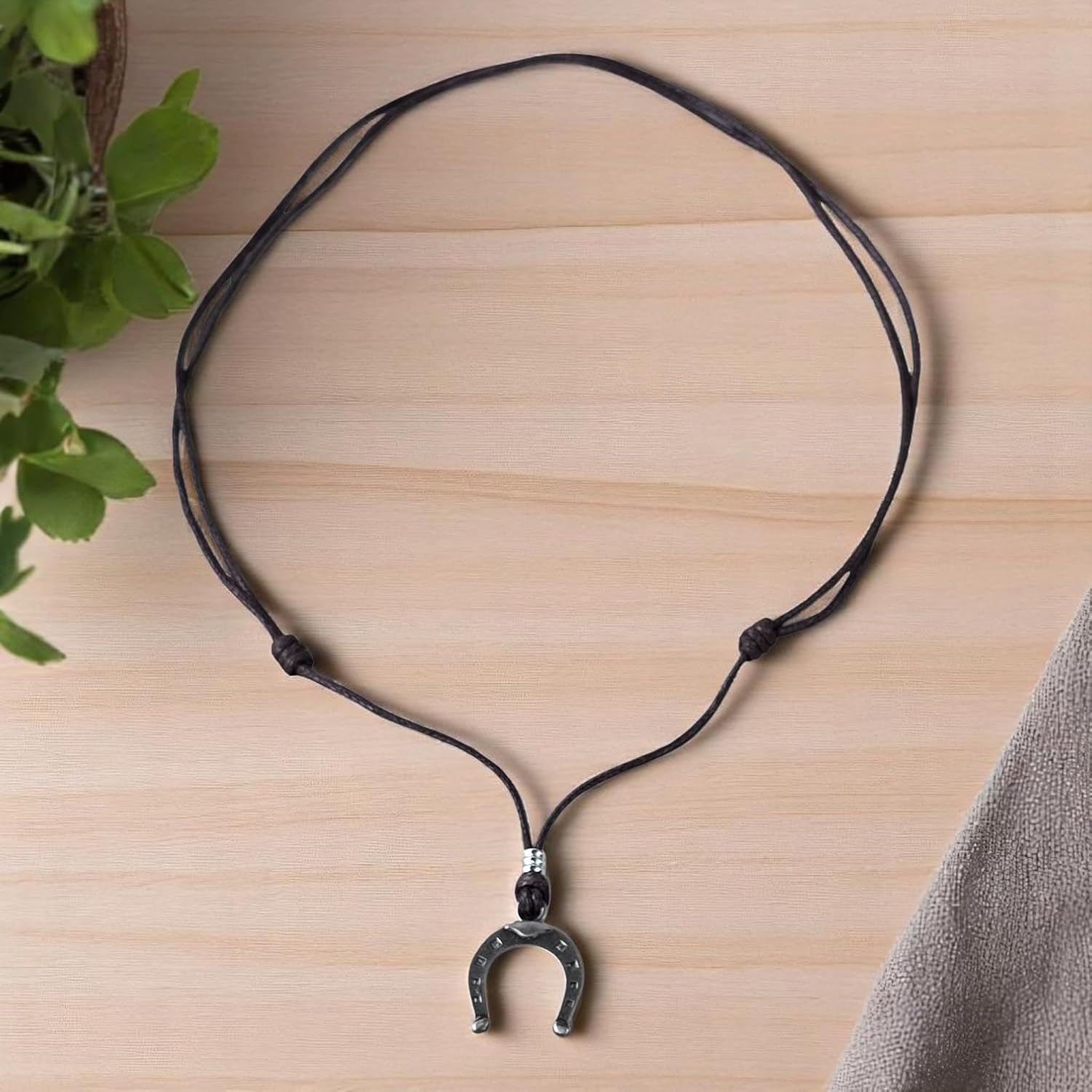 BlueRica Horseshoe Pendant on Adjustable Brown Cord Necklace - Image 3