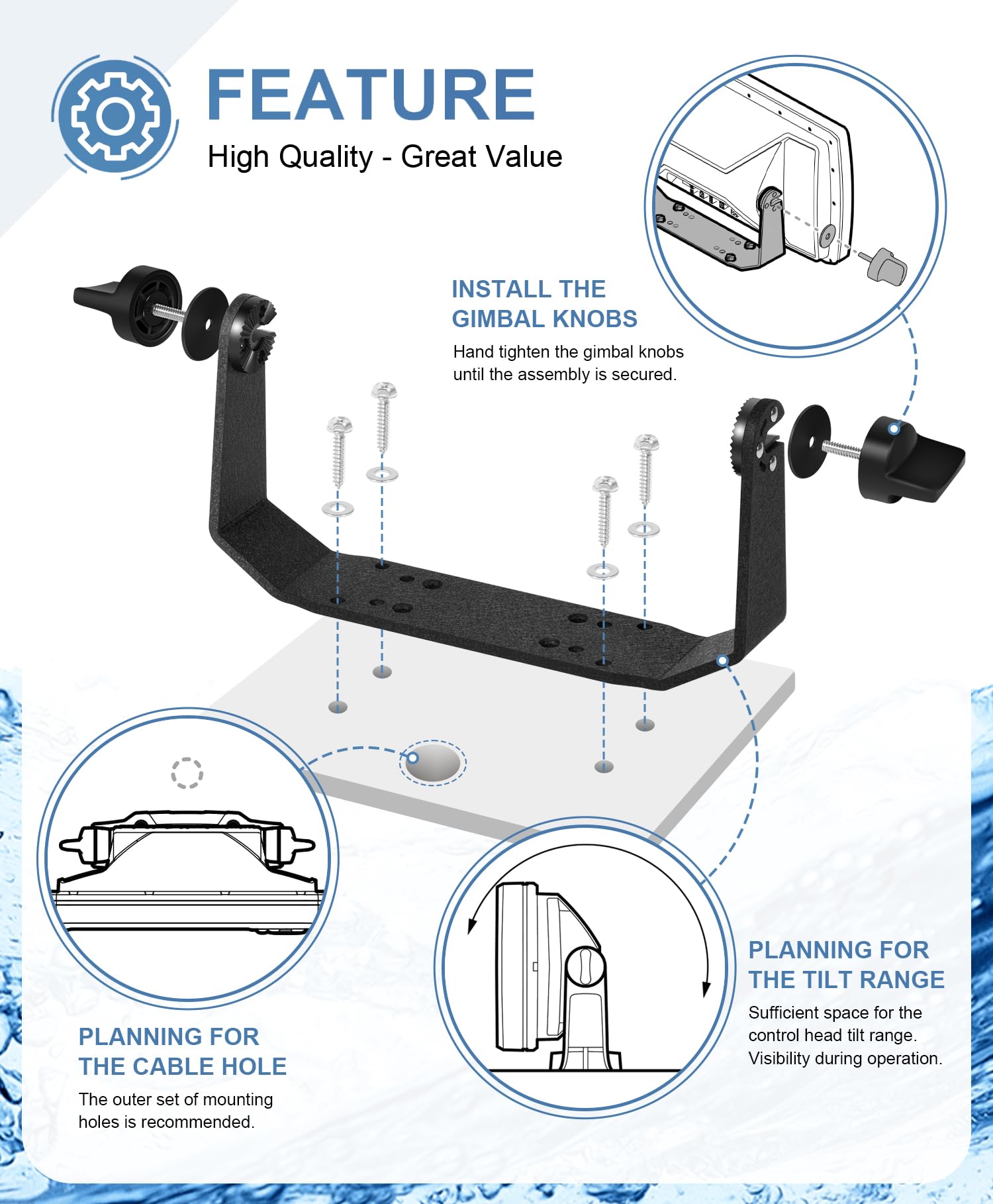 Gimbal Mount Kit For Humminbird Helix 8, 9, 10 Fish Finders - Adjustable & Quick-Release Bracket Replacement