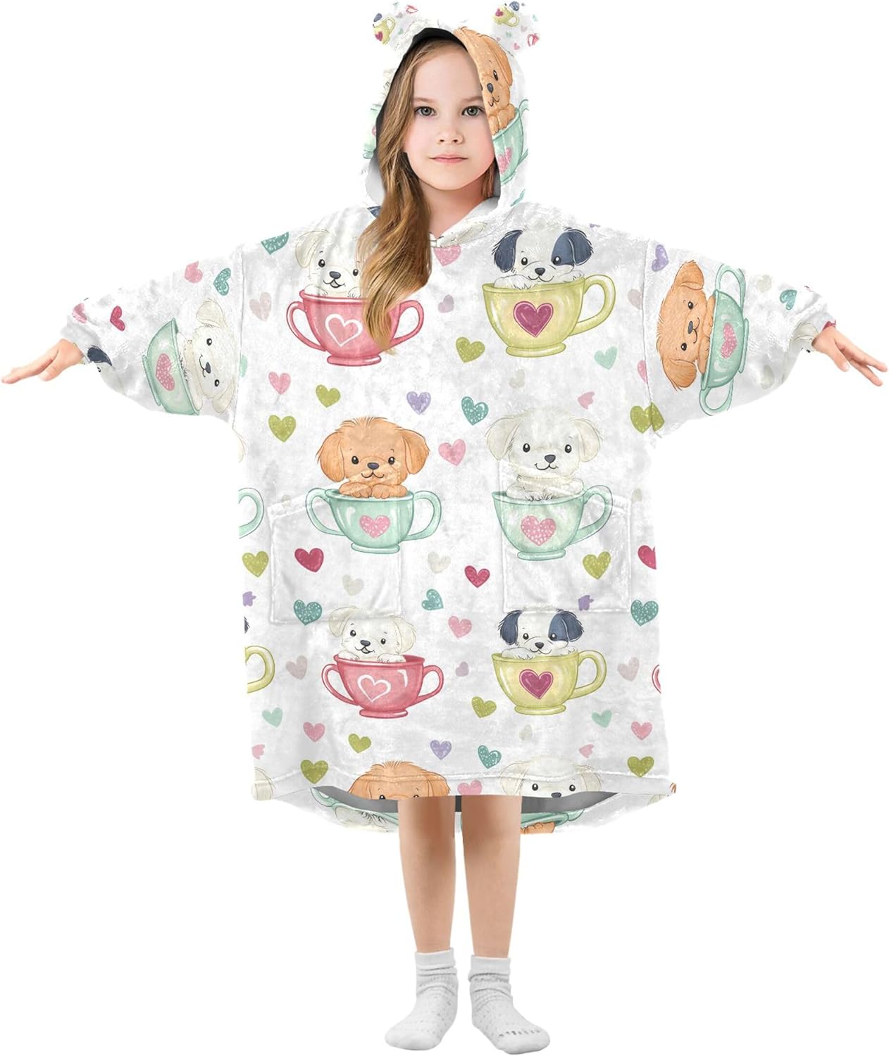Cute Dog Teacup Kids Wearable Blanket Hoodie with Pocket and Sleeves for Toddlers, Cute Hoodies 3-14 Year Girls Boys