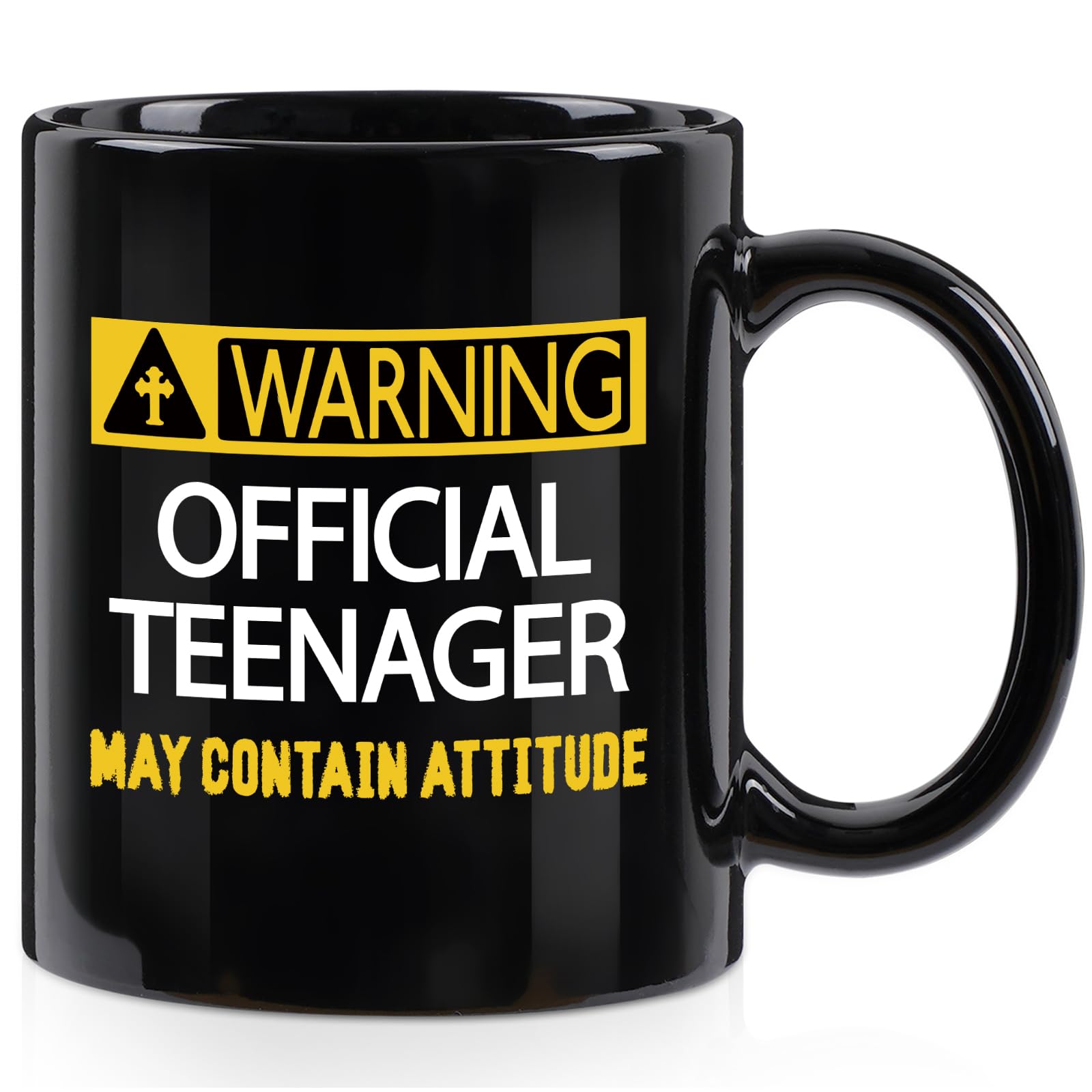 Joymaking Coffee Mug Teenager Birthday Gifts, Funny Gift for Teen 13th Birthday Coffee Cups with Warning Official Teenager May Contain Attitud, 11oz Ceramic Mug Black Cup Teen Gift for Friend