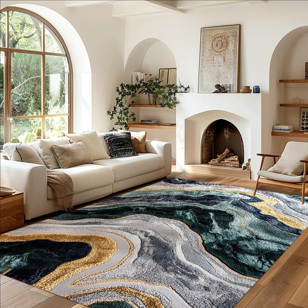 Modern Marble Irregular Liquid Gradient Area Rugs 5x7 Deep Green Grey Gold Soft Fluffy Rug for Living Room Bedroom Playroom Aesthetic Art Deco Home