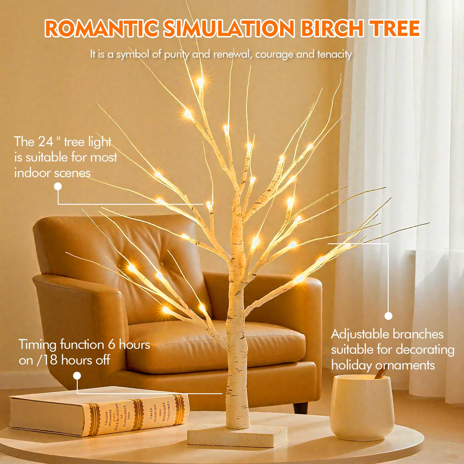 2-delig set lichtboom met 24 warmwitte LEDs, berken boompjes met