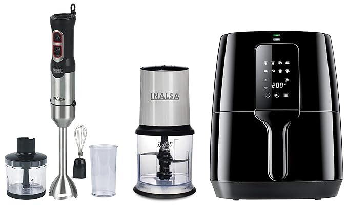 Inalsa Robot Inox 1000, 1000 Watt Hand Blender (Silver/Black) & Air Fryer Digital Nutri Fry-1400W 4L,(Black) & Chopper Bullet Inox-450W, 500ml Capacity (Black/Silver)