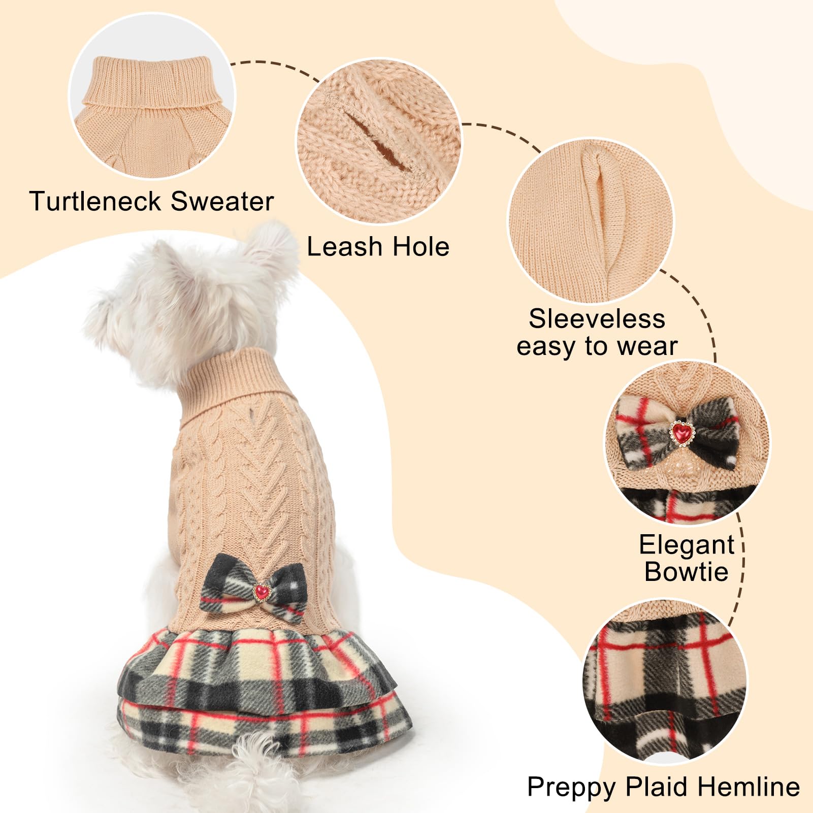 BEAUTYZOO Hundepullover für Mädchen, Zopfmuster, Hundepullover für kleine Hunde und Mädchen – Rollkragenpullover mit kariertem Rock und Fliege, warmes Hunde-Strickkleid für kaltes Wetter, Winter