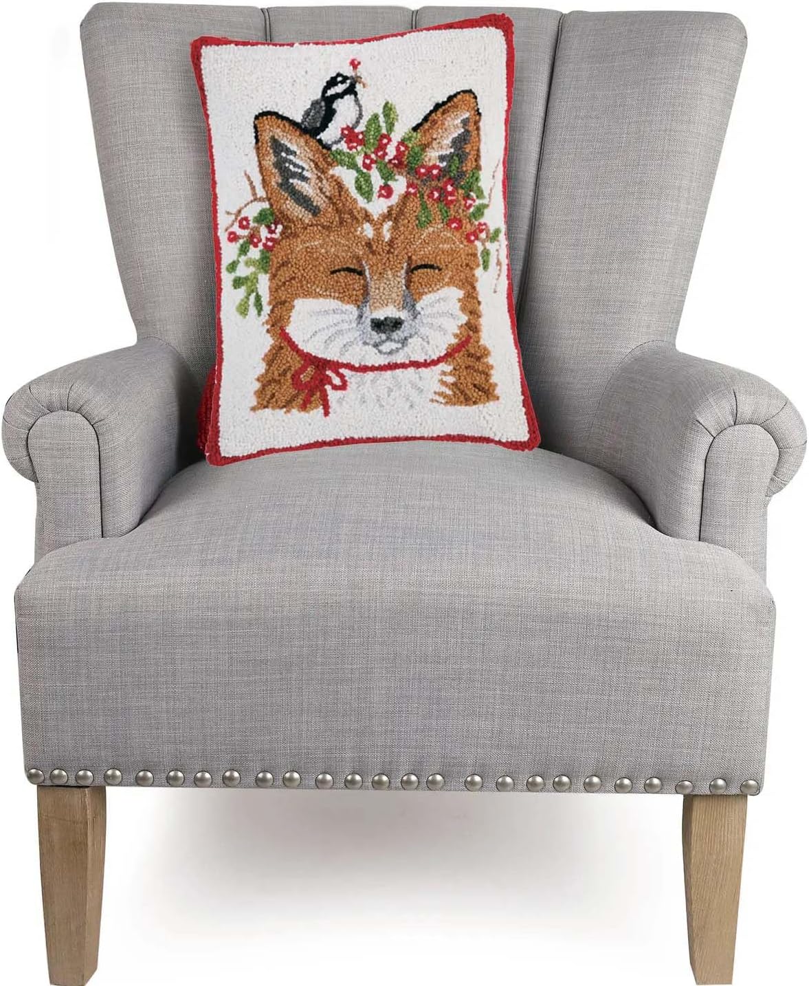 Peking Handicraft Fox with Chickadee Pillow, 18-inch Length, Wool and Velvet Back