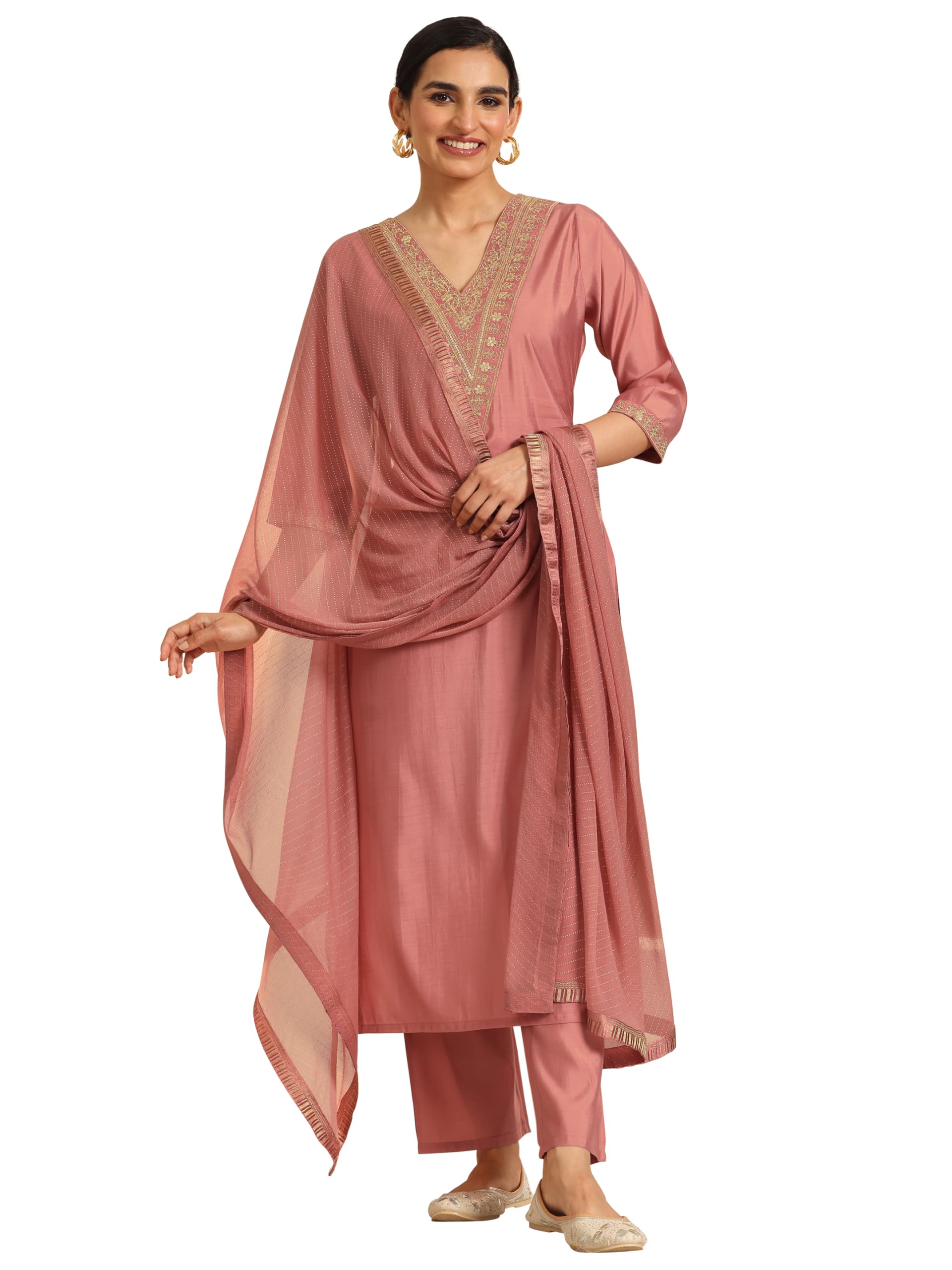 Gerua Womens Solid Silk Blend Straight Kurta With Trousers and Dupatta