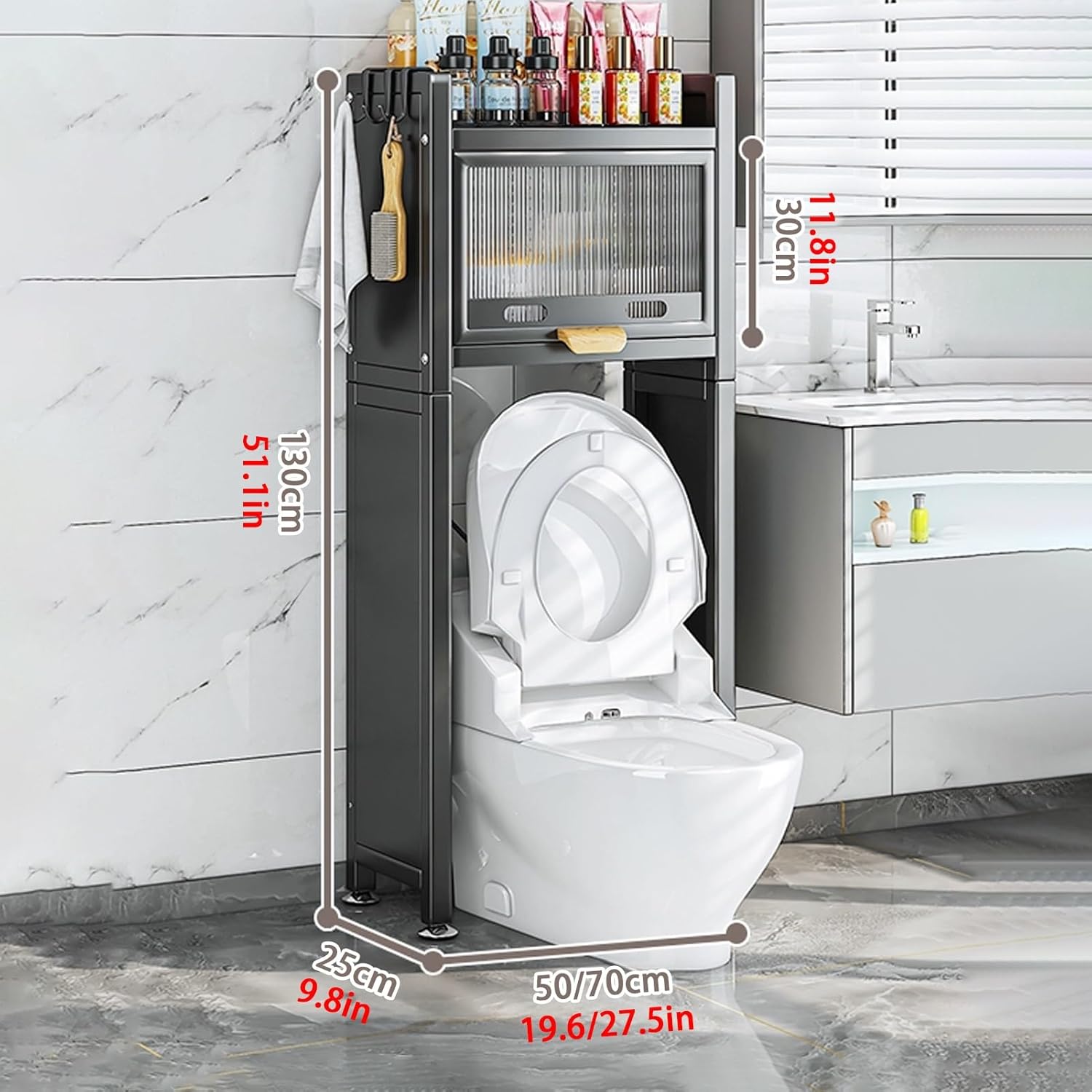 Over The Toilet Storage Cabinet, Over Toilet Bathroom Storage Organizer, Above Toilet Storage Rack with X-Shaped Bar and Adjustable Feet, for Bathroom, Restroom, Laundry(70x130cm)