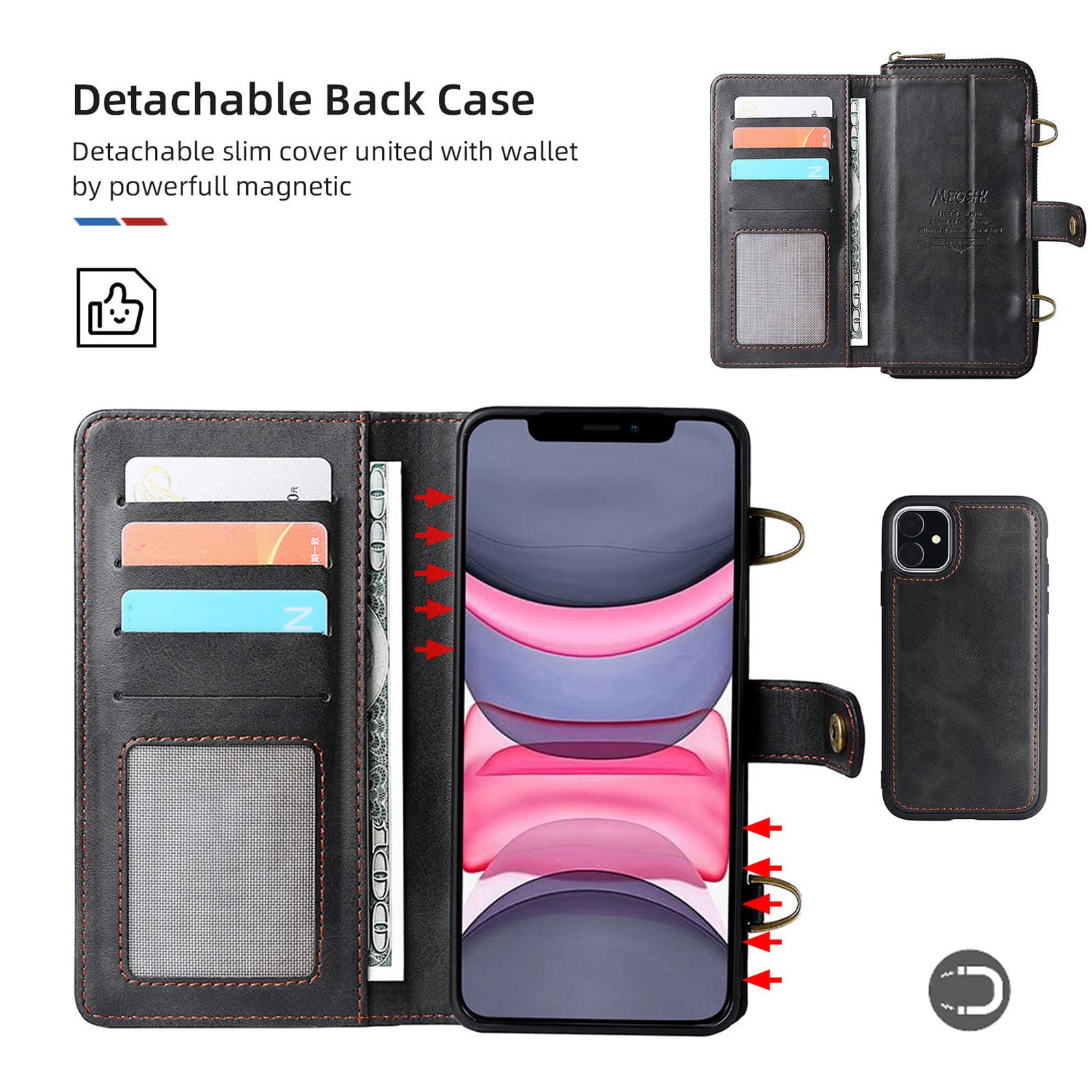 Etui do iPhone 14 / 14 Pro / 14 Plus / 14 Pro Max, klapki, zamek błyskawiczny, etui na telefon komórkowy, przegródka na karty, magnetyczne, odporne na zarysowania, czarne, 14 Pro 6,1"