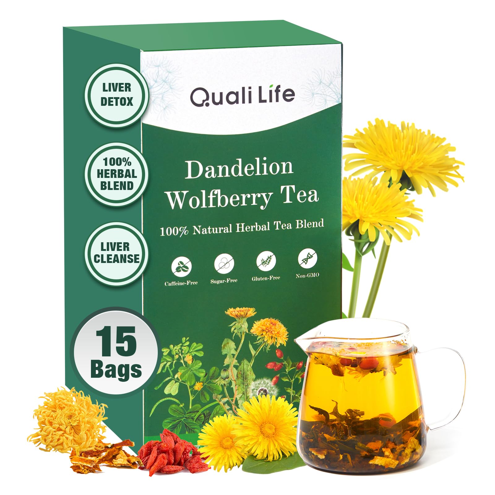 Dandelion Wolfberry Tea - Liver & Kidney Detox Herbal Tea, Summer Cleanse with Chrysanthemum, Wolfberry, Organic Dandelion Root, Cassia Seed, Licorice