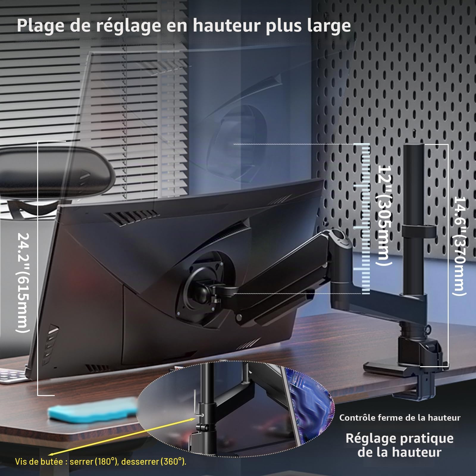 Support Ecran PC Bras pour Moniteurs de 17 à 60 Pouces Capacité 2-20kg, Bras Ecran PC avec Incline Pivote Tourne Rotatif à 360°, Réglage Hauteur sans Outil, VESA 75/100mm, Noir, H9B