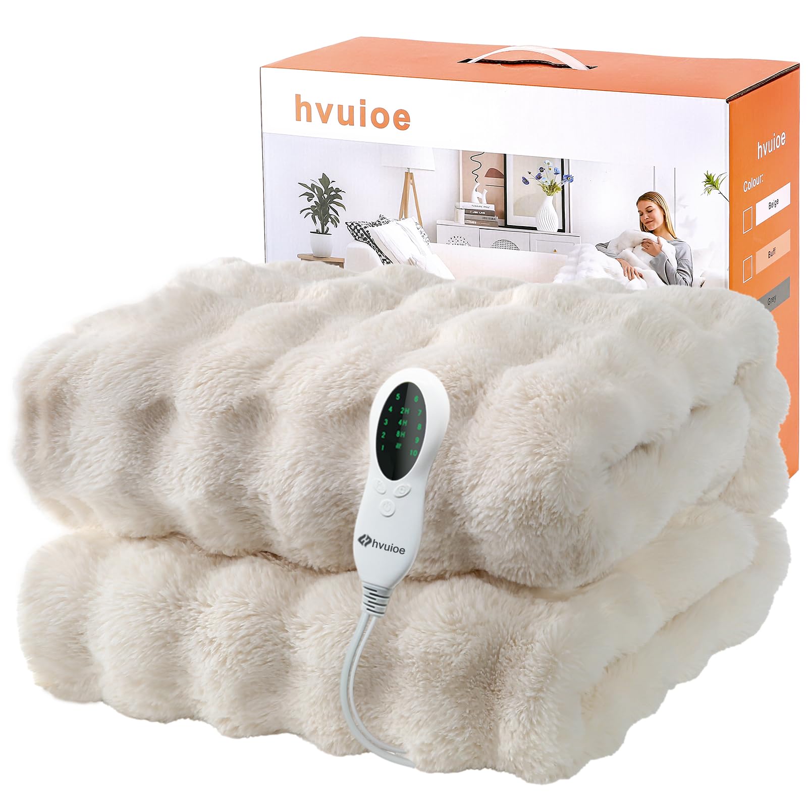 Faux Rabbit Fur Heated Throw, 160x130cm, 10 Heat Settings Electric Throw, 3 Temperature Ti...