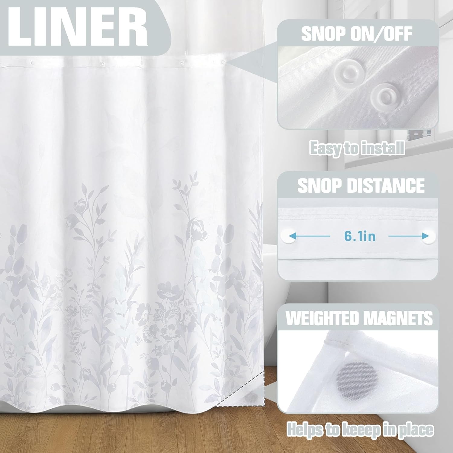 Neasow No Hook Shower Curtain with Snap in Liner, Plant and Flower Curtains with Waterproof Inner Liner for Bathroom, Blue and Grey 72×74 inches