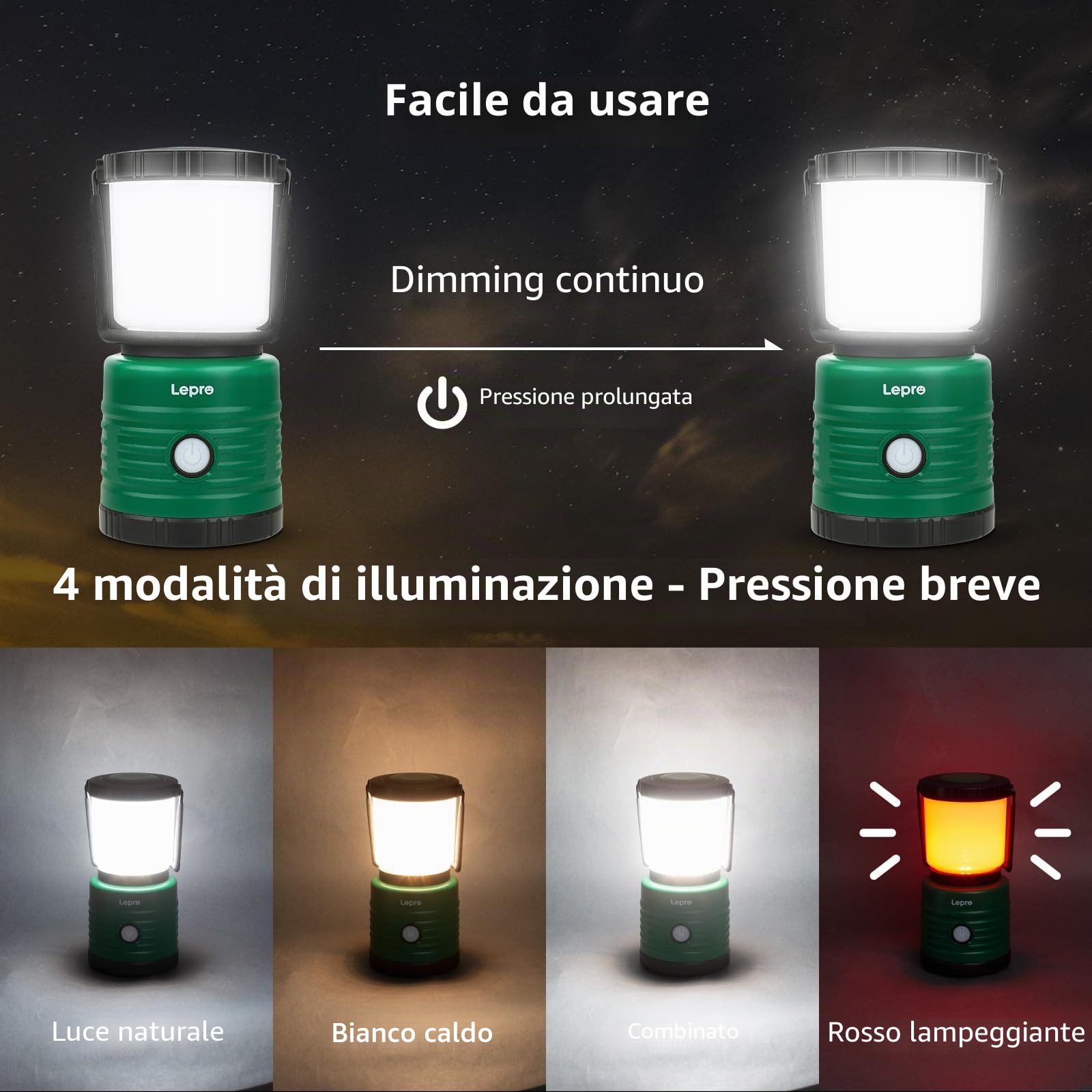 Lepro Lampada da Campeggio Impermeabile, Lanterna da Campeggio LED 1500 lumen, 4 Modalità di Illuminazione, Luce per Campeggio Esterno per Interruzioni di Corrente, Escursionismo, Emergenza, Pesca