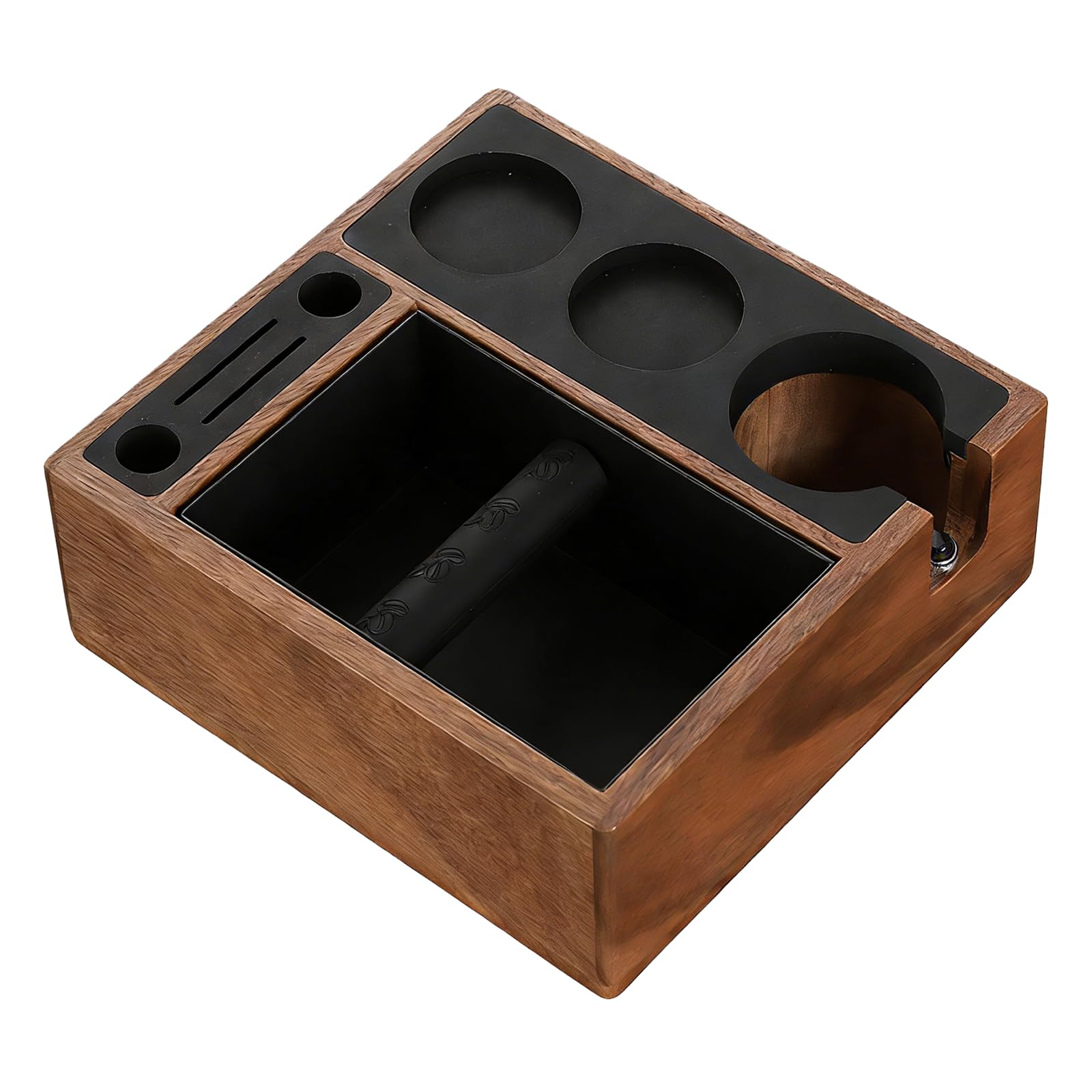Walnut Espresso Knock Box With 51-58mm Tamping Station for Breville Espresso Machine Organizer Tamper Distributor Portafilter Holder and Multi Accessory Storage