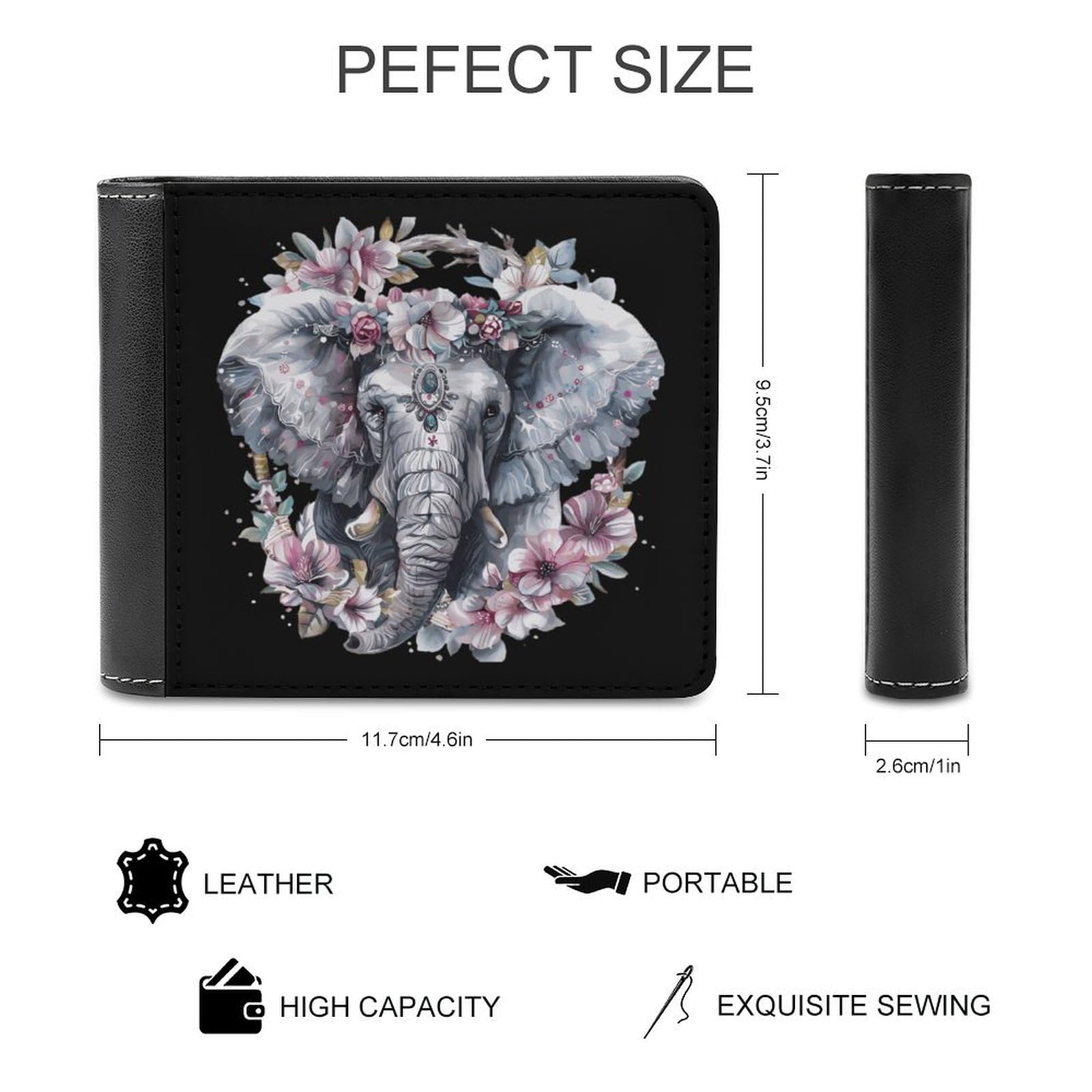Elephant with Boho Flower Funny Men's Slim Bifold Wallet with Multiple Card Slots Front Pocket Purse
