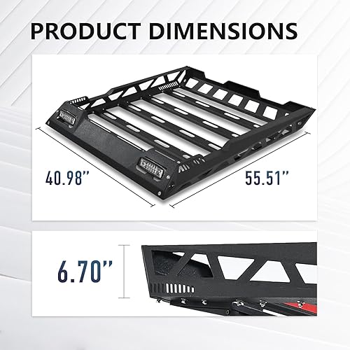 Miniatura 7 de SUORTO - Cesta de carga para techo de 55 x 41 pulgadas con red de carga y 2 barras de luz LED, portaequipajes para la parte superior del automóvil,