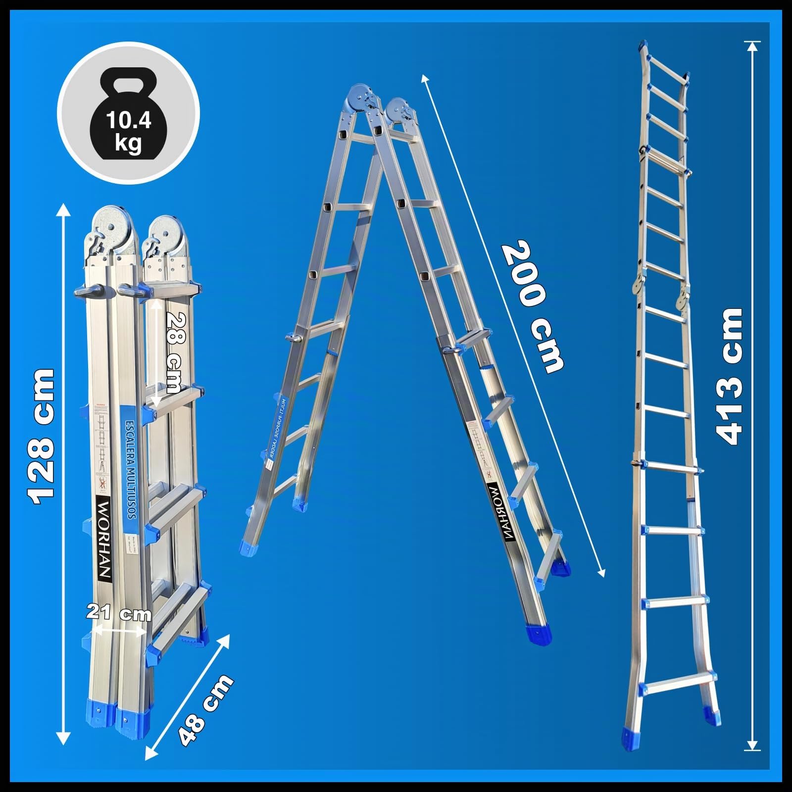 Escalera 414cm Aluminio Telescopica WORHAN 4.14m Multifuncion Multiuso WORHAN Aluminio Plegable Tijera L4