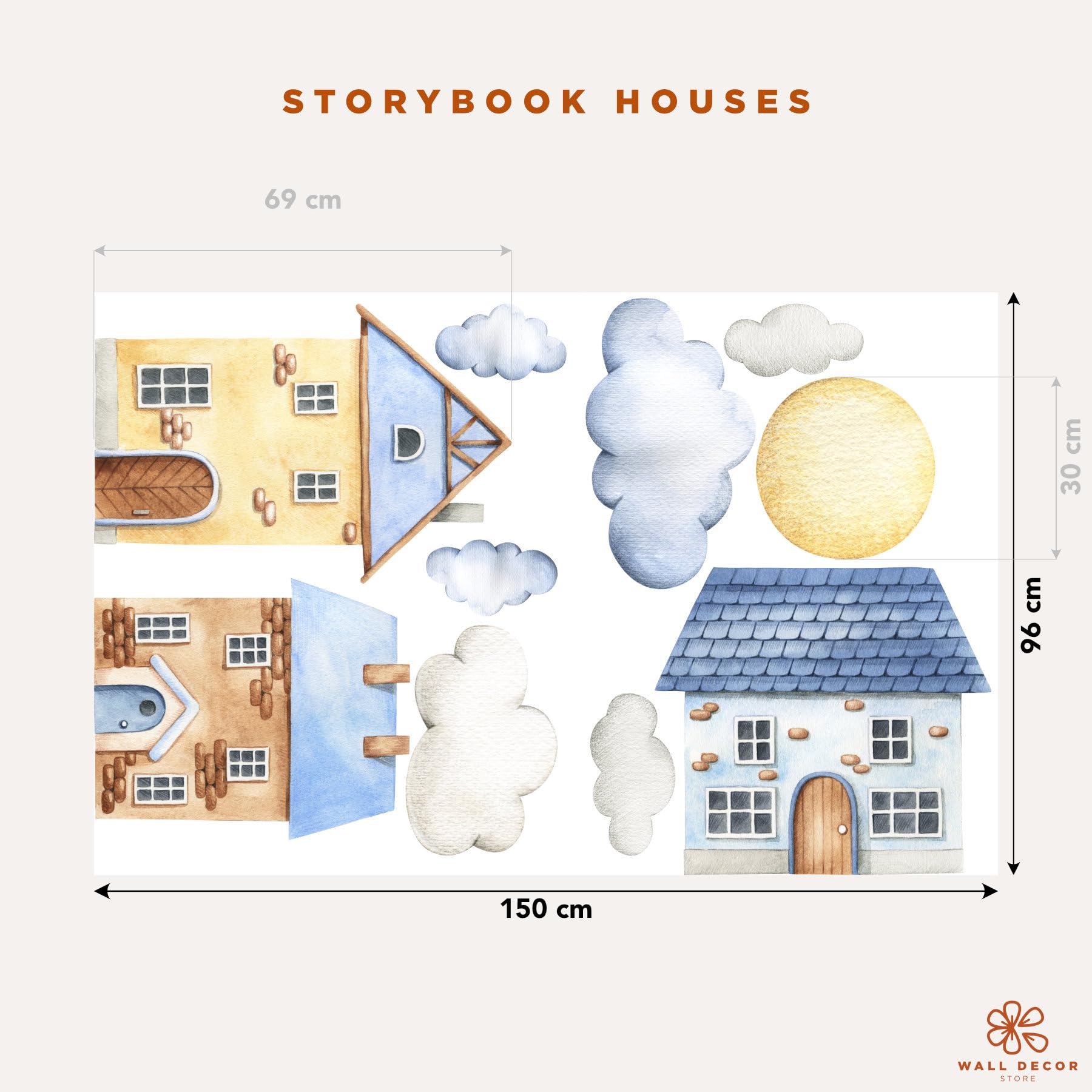 Adesivi Murali Bambini con 3 Casette Fiabesche, Nuvole e Sole | Decorazioni Cameretta Storybook Houses | Made in Italy