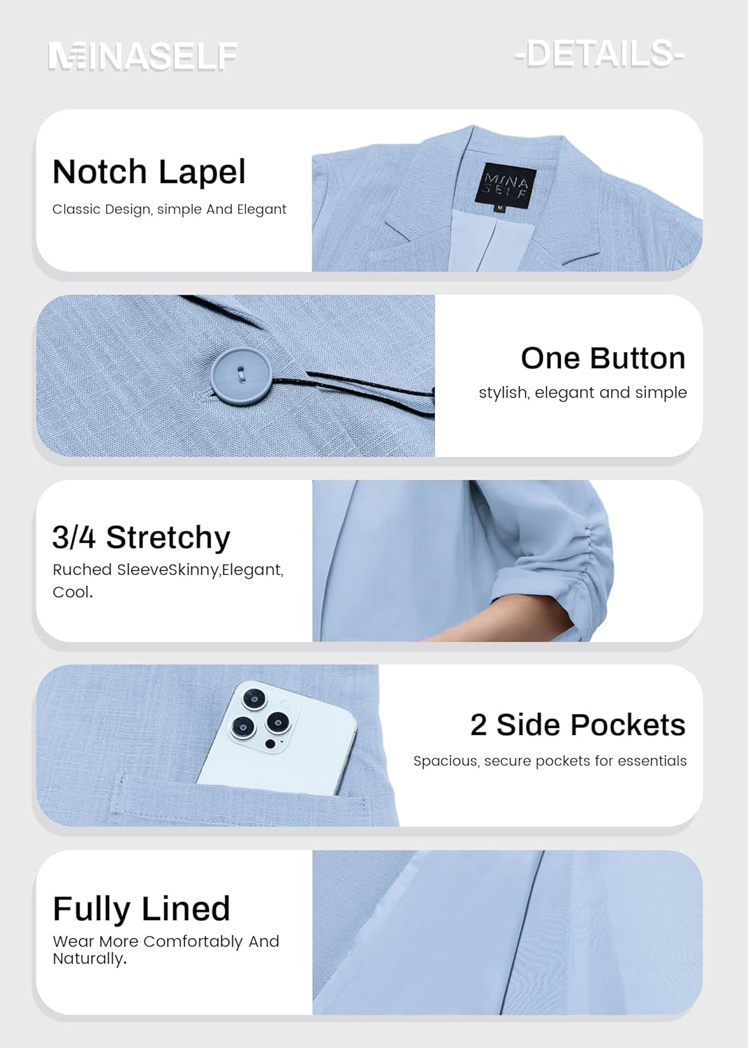 Mina Self 2025 Summer Linen Blazer Women Lightweight 3/4 Stretchy Ruched Sleeve Fully-Lined Casual Work Jacket with Pockets