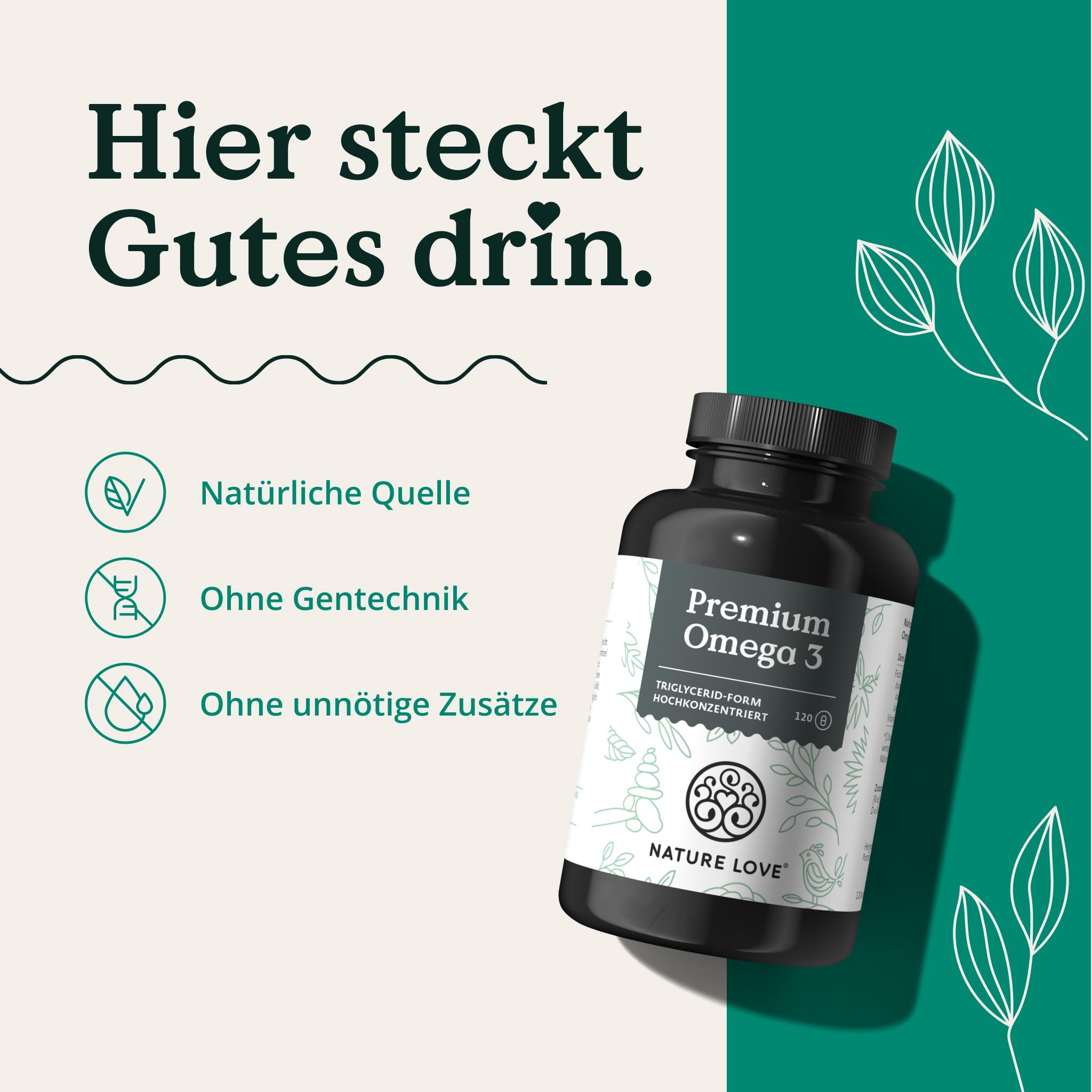 Nature Love Premium Omega 3 - hochdosiert - 1000mg pro Kapsel - 120 Kapseln | 80% EPA & DHA Anteil - hoch bioverfübar durch Triglycerid-Form - aus nachhaltigem Fischfang gewonnen