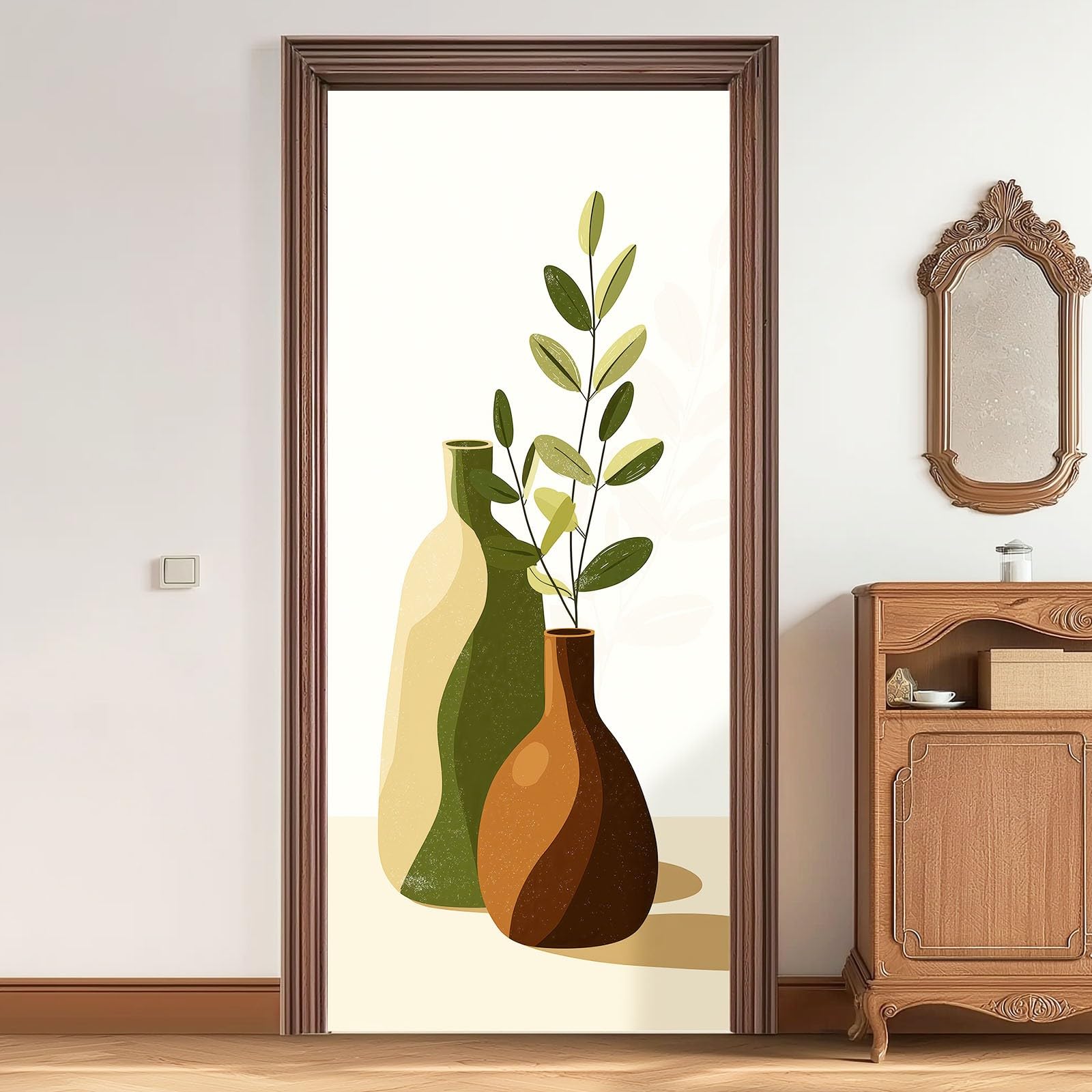 Proste rośliny, samoprzylepna naklejka na drzwi, 80 x 210 cm, wazon, liście, wodoodporna tapeta na drzwi z folii samoprzylepnej, beżowa, plakat DIY, tapeta na drzwi, do pokoju dziecięcego, kuchni