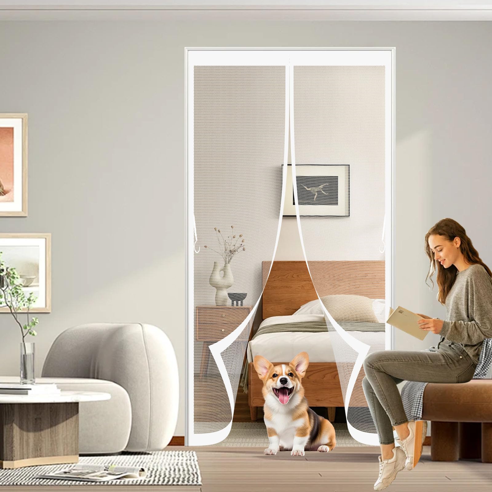 Anjiajie White Fly Screens For Windows 169 X 205 Cm Easy To Install Without Drilling, Powerful Magnets Magnetic Fly Screen For Patio Doors Balcony Bedroom,